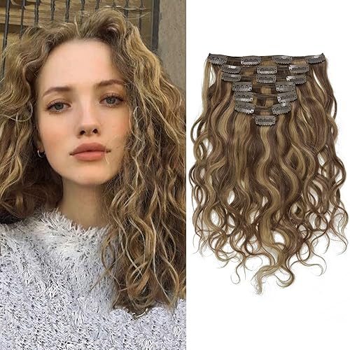 Lacer Extensiones de cabello humano ondulado natural de 20 pulgadas, extensiones de cabello humano rubio piano, con reflejos castaño oscuro,