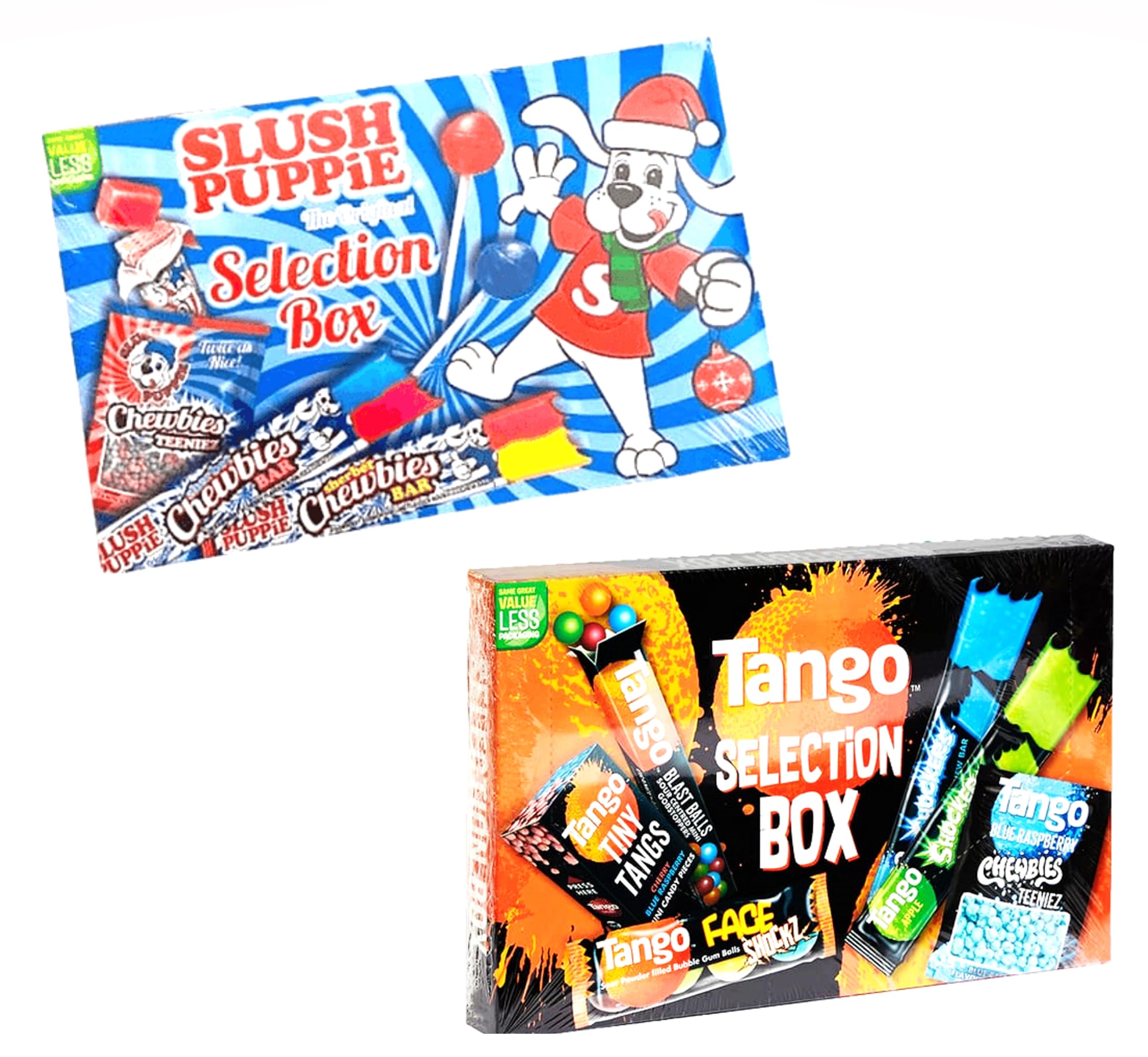 SLUSH PUPPiE and TANGO Selection Box Chewy Candy Lollipop Bubble Gum Sweets Mix - Fruit Flavour, Strawberry & Lemon, Blue Raspberry & Cherry, Apple & Orange, Vegan, Halal, Vegetarian (Pack of 2)