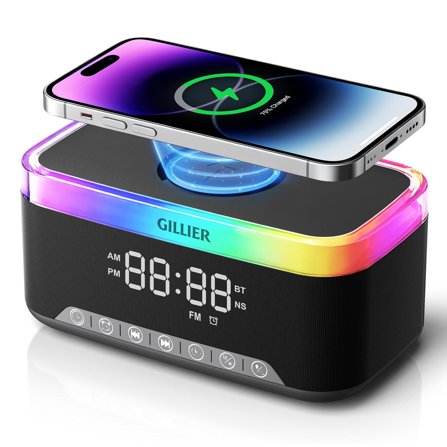 GILLIER Wireless Charging Alarm Clock Radio for Bedrooms 15W Fast Wireless Charger Station for iPhone Samsung Bluetooth Stereo