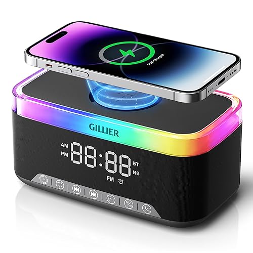 GILLIER Wireless Charging Alarm Clock Radio for Bedrooms - 15W Fast Wireless Charger Station for iPhone/Samsung, Bluetooth Stereo Speaker with FM Radio, Dimmable Display, USB Port, Sleep Timer, Black