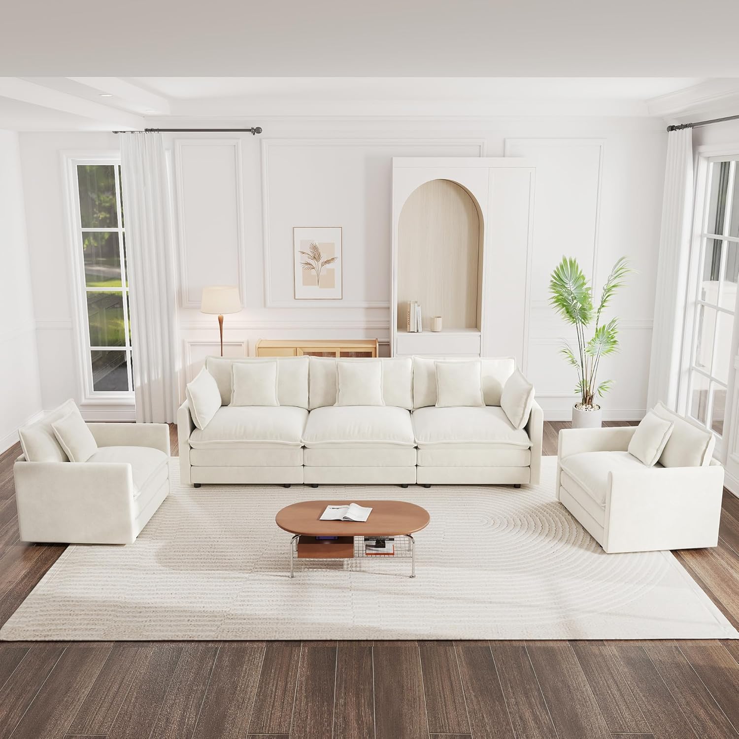 mikibama Luxury 3 Piece Sofa Set, 2 Pieces of Single Sofa and 1 Piece of 3 Seater Sofa, Modern Chenille Comfy Cloud Couches Set with 7 Pillows for Living Room Office, Beige