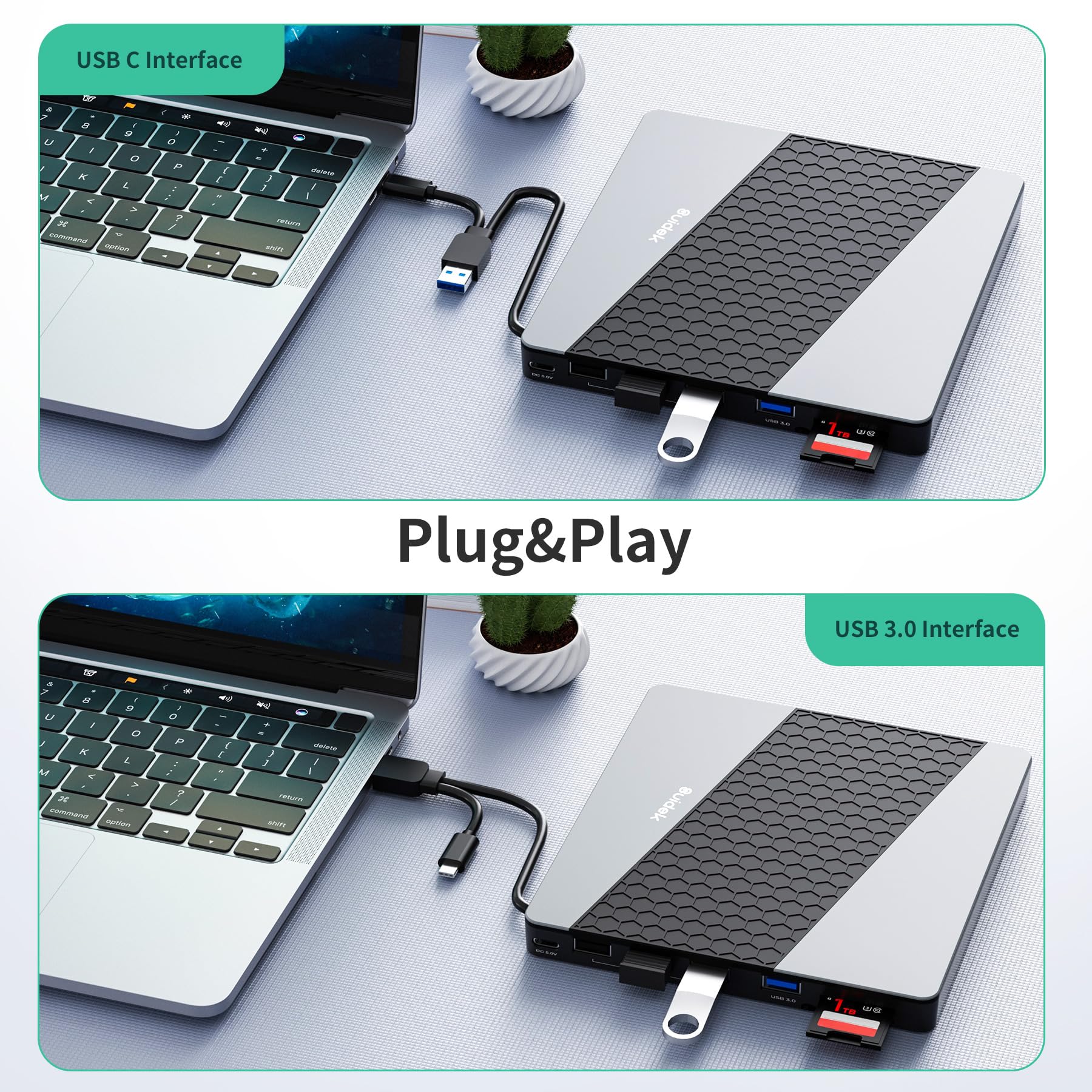 SUIDEK Unità CD/DVD esterna, USB 3.0 USB C portatile CD DVD +/-RW masterizzatore DVD con lettore di schede SD/Micro SD 7 in 1 Hub compatibile con computer portatile, Mac, PC, Windows Linux