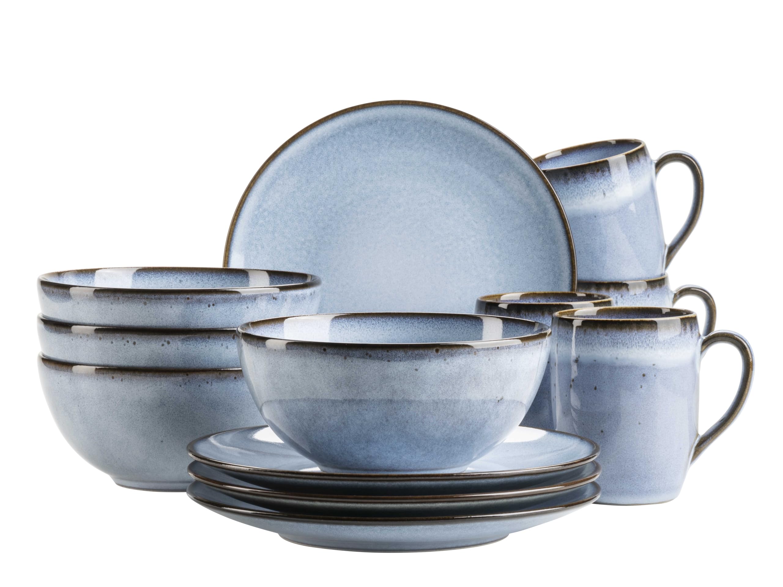 Mäser Smokys Series Crockery Set for 4 People, 12-Piece Breakfast Set in Scandi Look, Stoneware, Blue