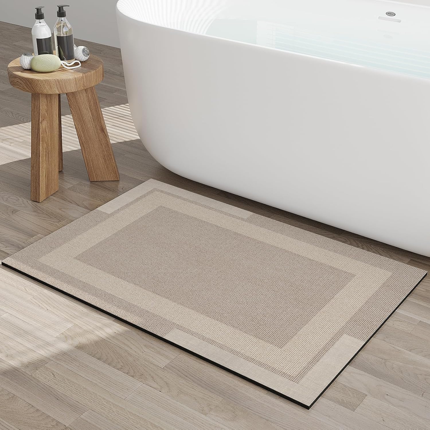 Non Slip Bath Mat, Rubber Backing Ultra Thin Bathroom Rugs Fit Under Door Quick Dry Super Absorbent Washable Bath Rug Shower Mat for Bathroom Floor Bathtub Shower Sink, Easy Care Beige 20"x 32" 20” x 32“ Beige