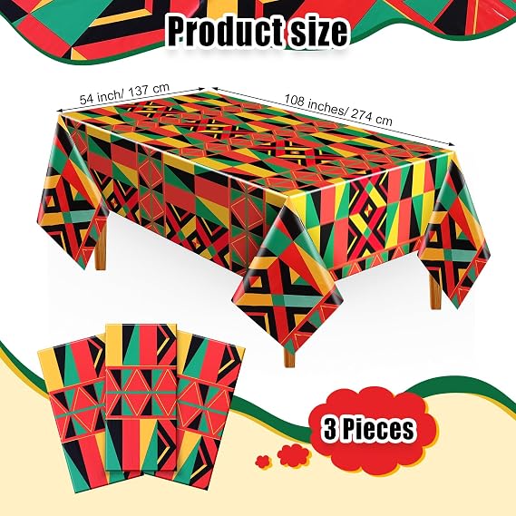 Frienda 3 Pcs Juneteenth Tablecloths 54 x 108 Inch African American Plastic Table Cloth Rectangular Disposable Kente Table Cover for Holiday Kitchen Dining Decor 1865 Freedom Day Supplies