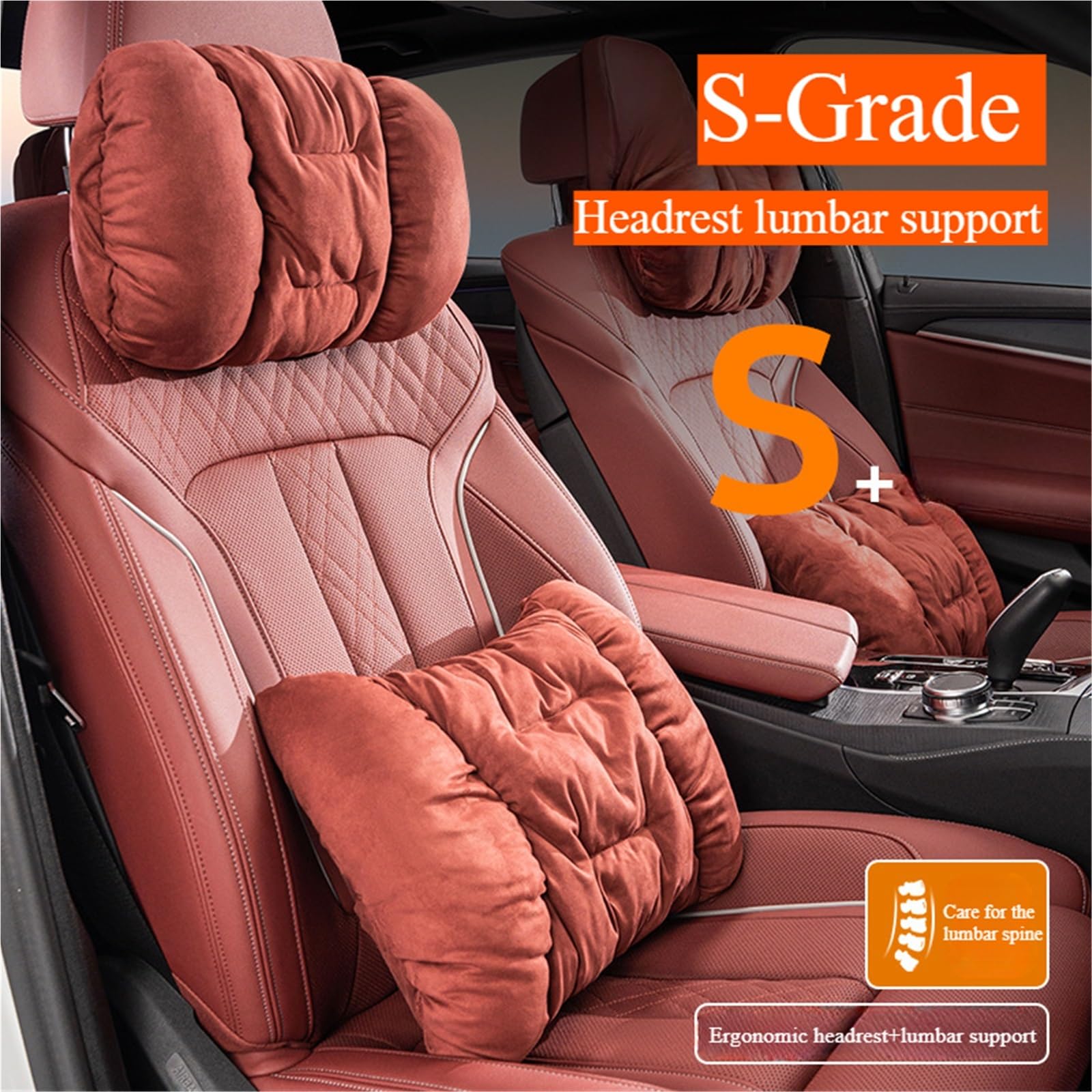 Cale-têtes pour sièges Auto Appuie-tête de Voiture en Daim Confortable, Coussin de Protection cervicale et Lombaire Doux pour véhicule Tête de Voiture(Orange A)