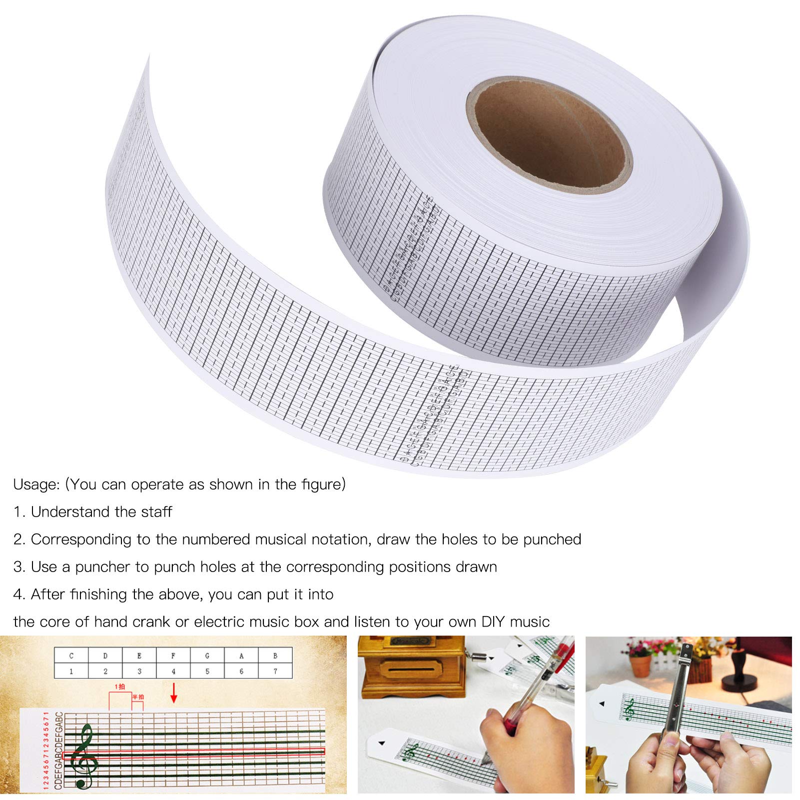50m 15/30 Note Tiras En Blanco de Caja de Múdica DIY Hoja de Música Con Manivela En Blanco Cinta de Partitura Perforada Artesanía Amantes de Los Músicos Regalos(30 Note)