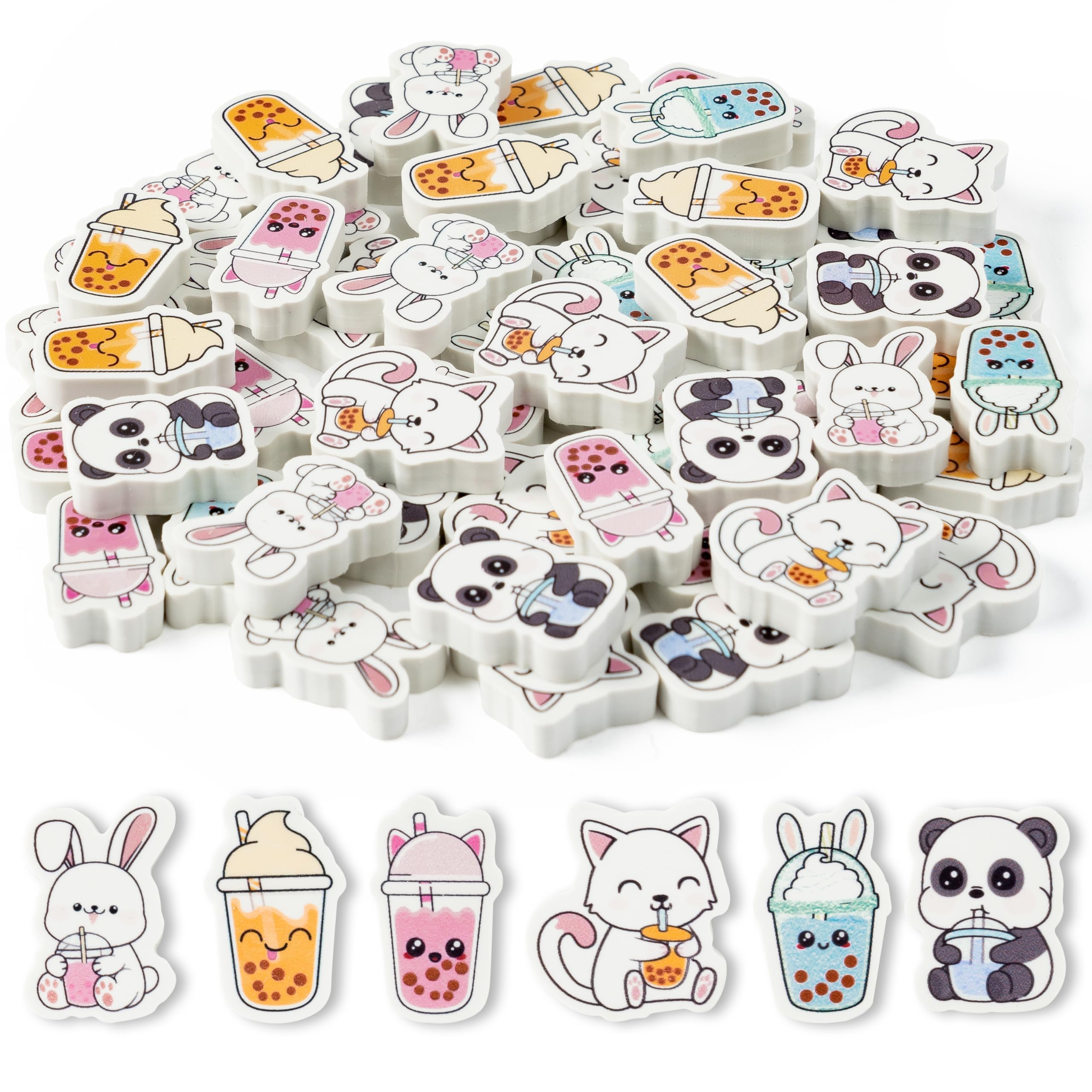 BZaber Bubble Tea Mini Eraser for Kids Bulk Christmas Winter Gifts 60Pcs Cute Kawaii Panda Rabbit Cat Boba Cup Pencils Erasers 3D Desk Puzzle Supplies