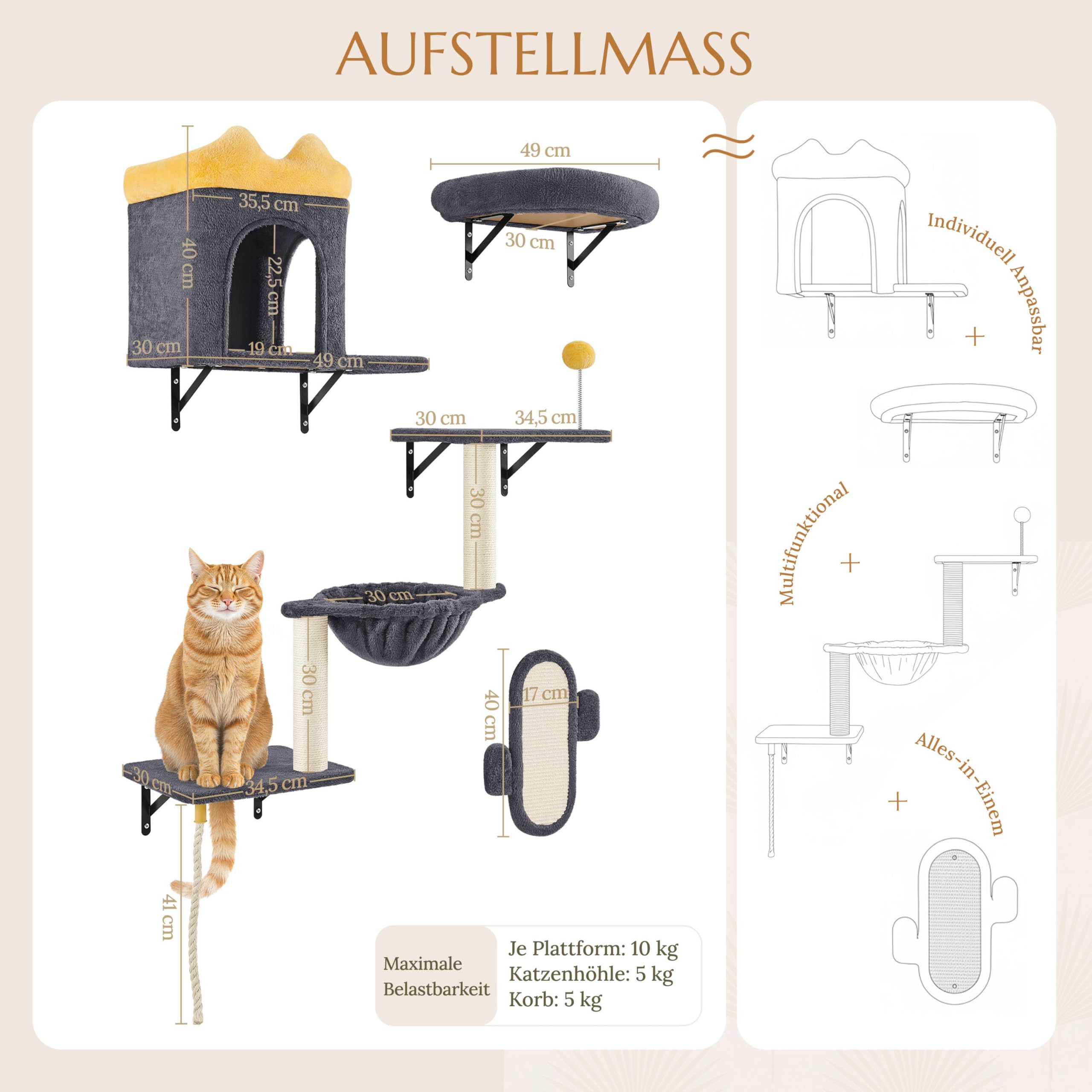 Yaheetech Kletterwand Katzen Wandelemente mit Katzenhaus & Korb dunkelgrau | Kletterwand-Set | Katzen Wandelemente | mit Kratzbrett Kratzsäulen | Ideal für kleine Räume | FSC-zertifizierten Spanplatten