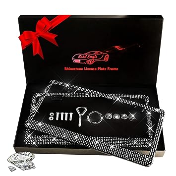 Lord Eagle Bling Glitter Diamond Narrow Border License Plate Frame for Women Men, Luxury Handmade, Diamon Firm Waterproof, Front Back License with Gift Box?2pack?