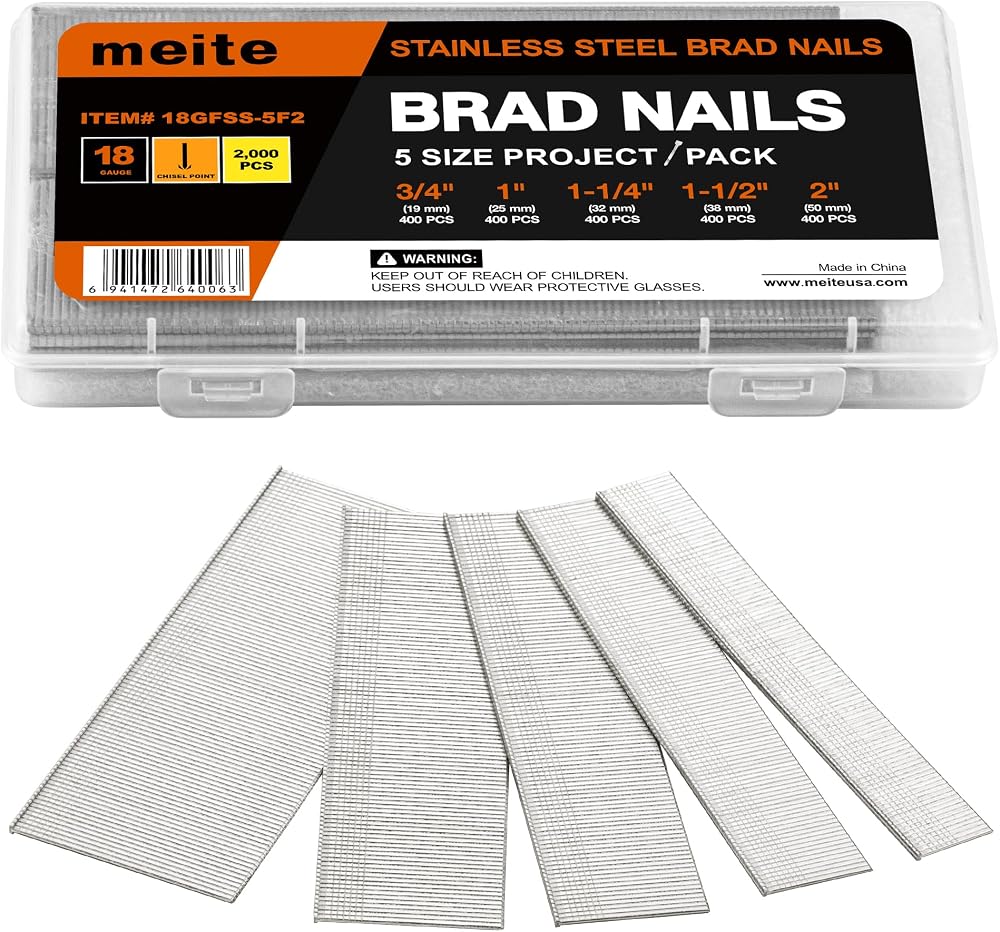 meite 18 Gauge Stainless Steel Brad Nails, Assorted 5 Sizes (3/4",1", 1-1/4", 1-1/2", 2") Universal Finish Nails for Pneumatic, Electric 18GA Brad Nail Gun Nailer, Multi-Pack 2,000-Count