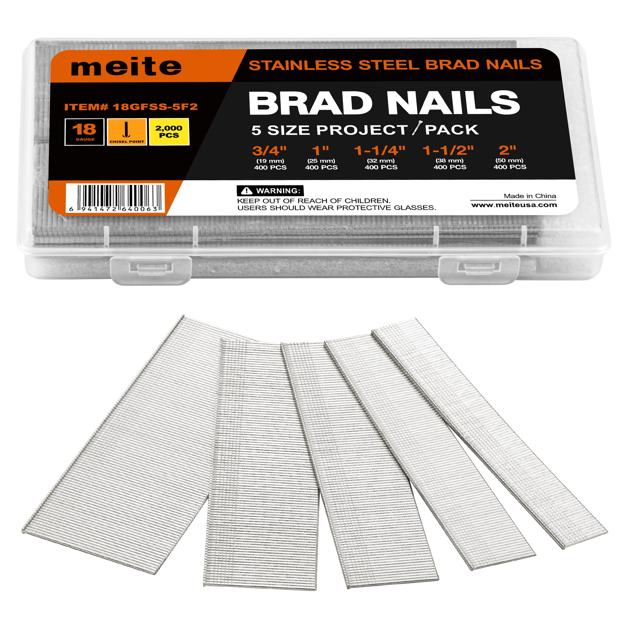 meite 18 Gauge Stainless Steel Brad Nails, Assorted 5 Sizes (3/4",1", 1-1/4", 1-1/2", 2") Universal Finish Nails for Pneumatic, Electric 18GA Brad