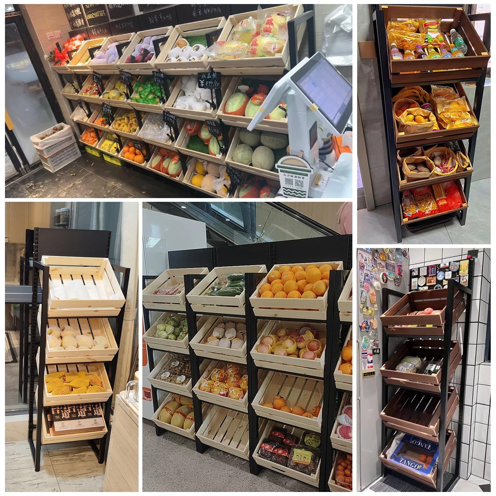 ZJKXJH 4 Tier Wood Fruit and Vegetable Basket Stand Rack, Commercial Produce Potatoes and Onions Floor Storage, Detachable Supermarket Retail Display Holder/Wine Shelf(Black Rack+Brown Basket)