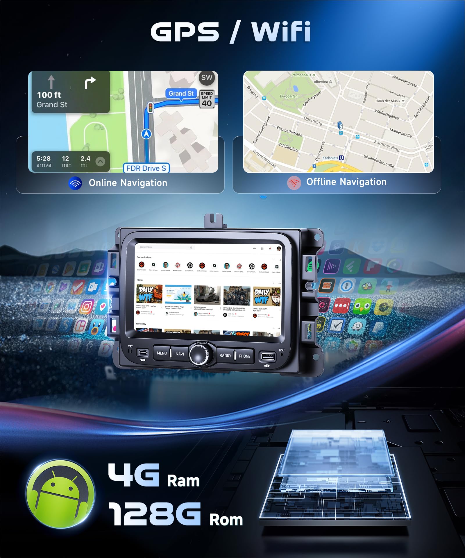 4G&128G VECHTEL 7" Radio samochodowe do Jeep Renegade (2016-2021) / Jeep Compass (2017-2020) z CarPlay Android Auto, Android 15, ekran dotykowy, Bluetooth RDS / radio FM, nawigacja WiFi / kamera