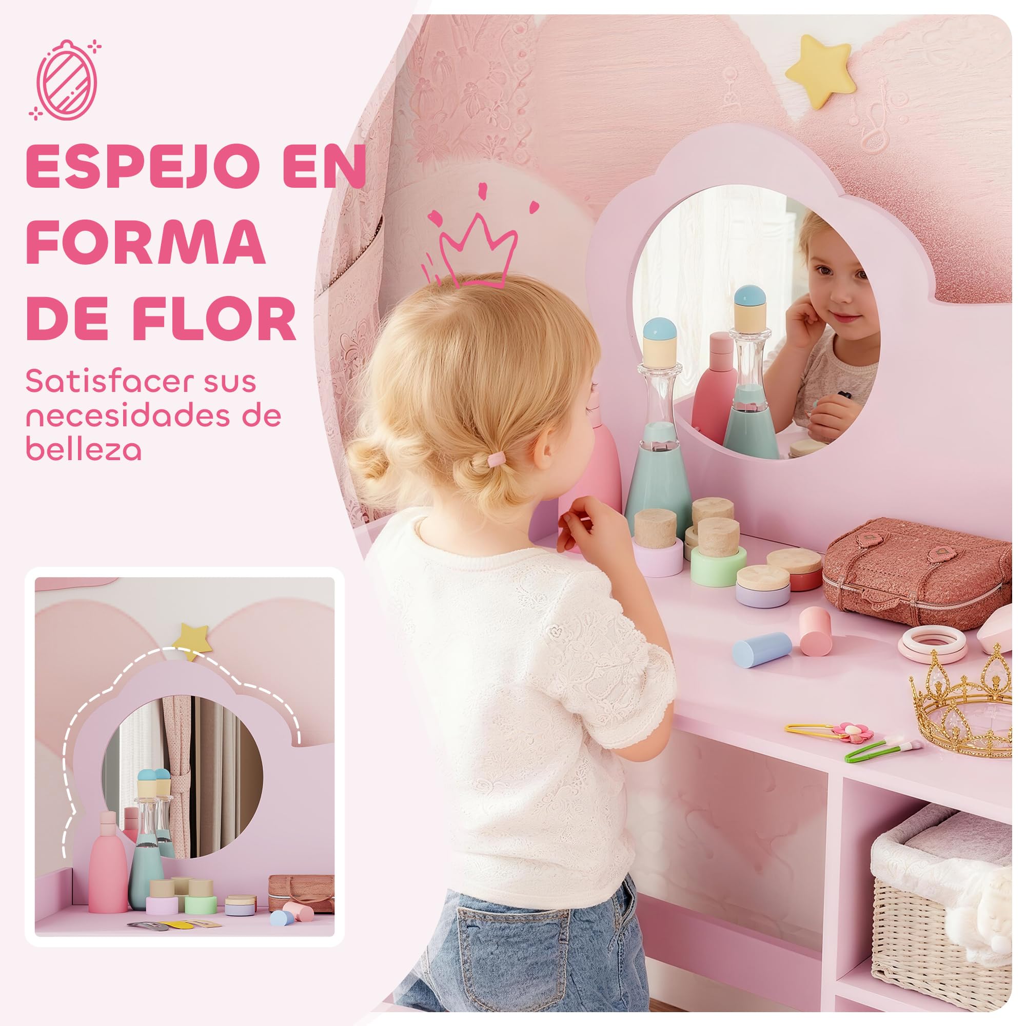 AIYAPLAY Tocador de Maquillaje Niña, 2 en 1, Escritorio, Tocador Infantil con Taburete, Espejo en Forma de Flor, Estantes Abiertos, para Niños +3 Años, Morado