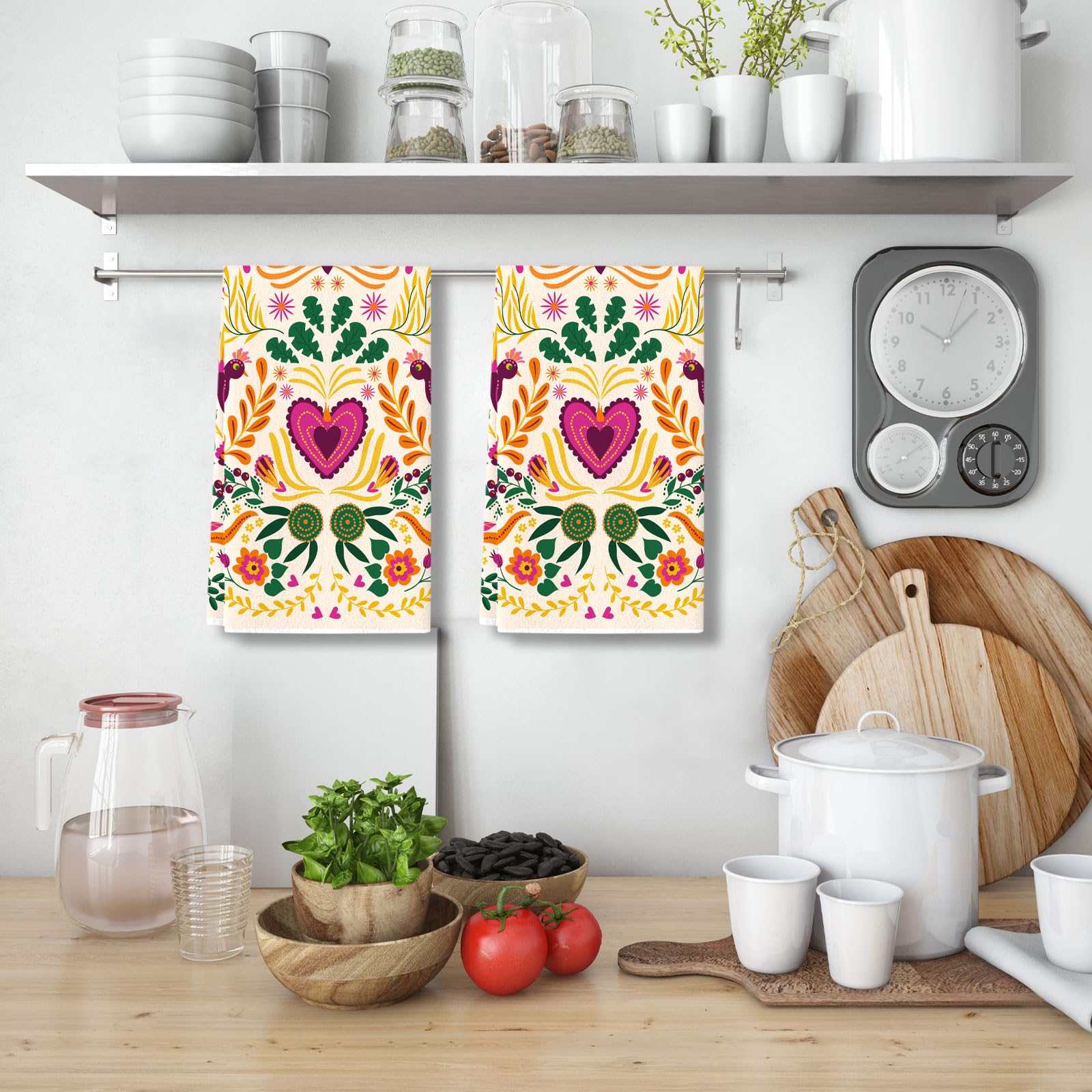 Sunwer Mexican Floral Kitchen Towels Cinco De Mayo Dish Towels Mexico Let's Fiesta 18x26Inch for Seasonal Holiday Home Decor Set of 2