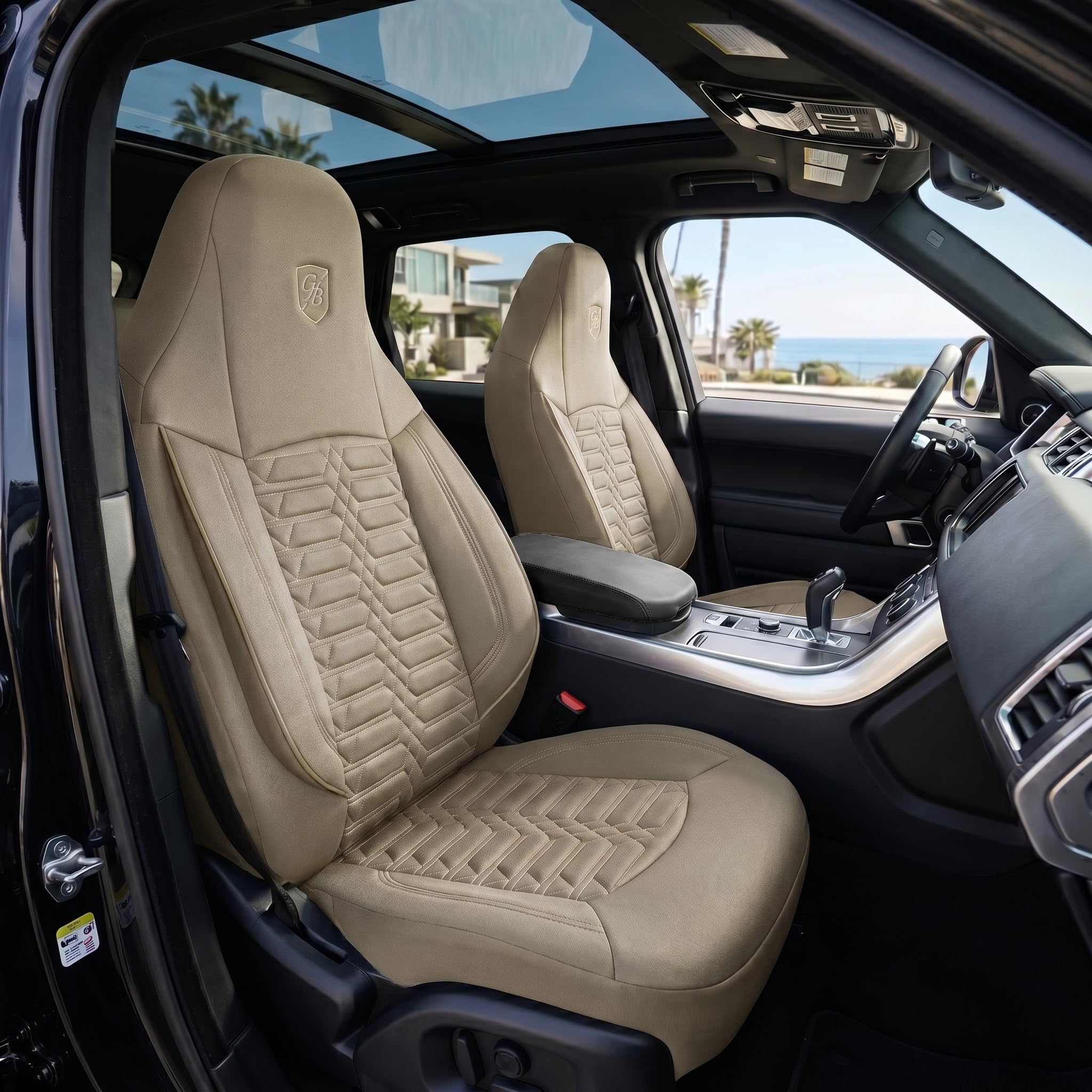 Autositzbezüge Universal für PKW & SUV – Premium Vordersitze Auto Sitzbezug aus Lacoste-Stoff, Beige, Airbag-Kompatibel Sitzauflage, Autoschonbezug, Vordersitz-Set inkl. Montageset