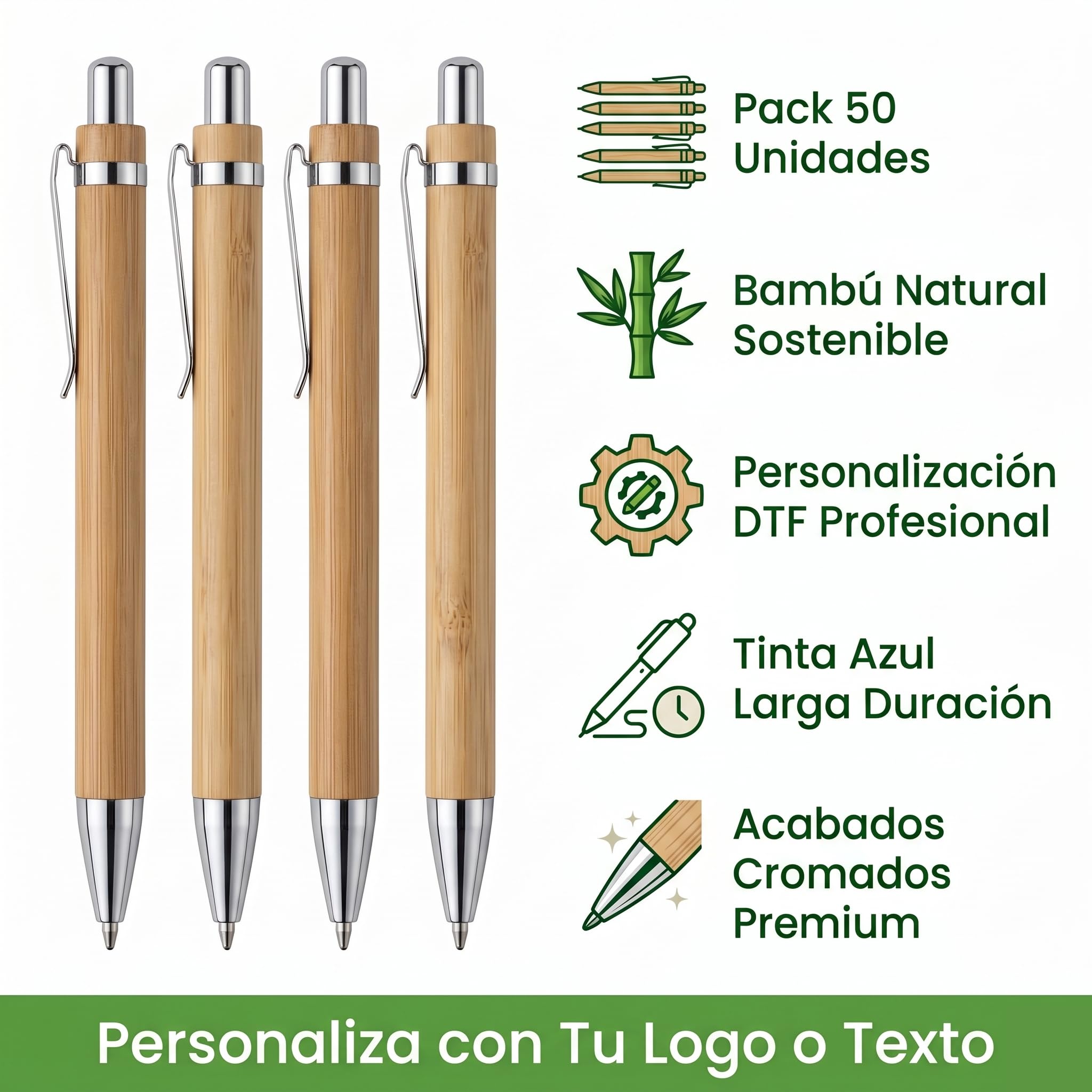 Bolígrafos Personalizados de Bambú Pack 50 Unidades · Impresión DTF con Logo o Texto · Artículo Ecológico Sostenible · Regalo de Empresa, Merchandising y Eventos · Acabados Cromados
