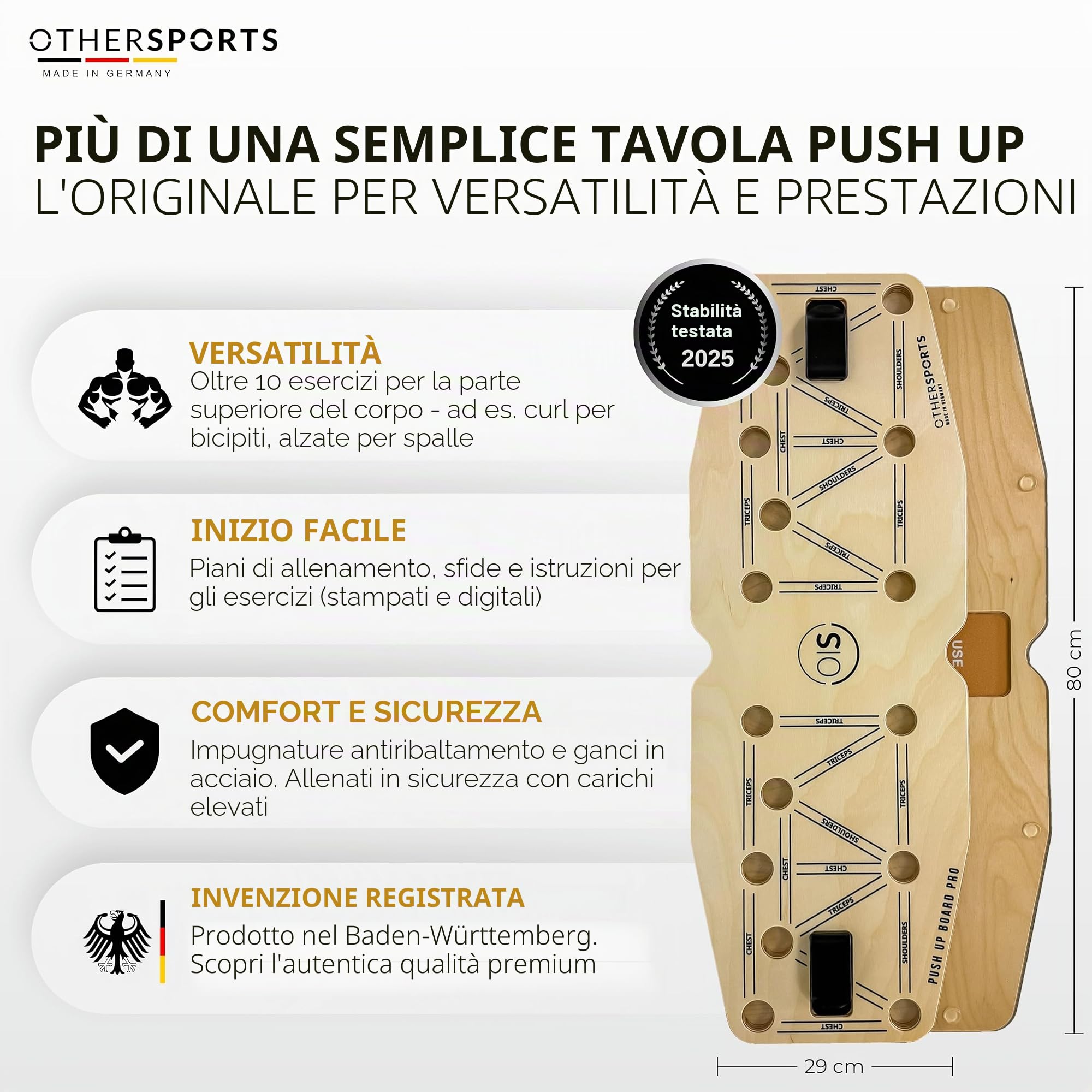 Tavola per flessioni in 100% vero legno e sughero, con nastri e istruzioni per l'allenamento in lingua tedesca – Set da tavola push up in legno