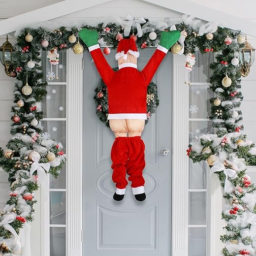 Large Christmas Hanging Santa Claus Outdoor Decoration Climbing Santa Claus with Pants Off Santa Xmas Ornaments for Outside Roof Gutter Window Balcony Christmas Party Supplies(3.61 ft)