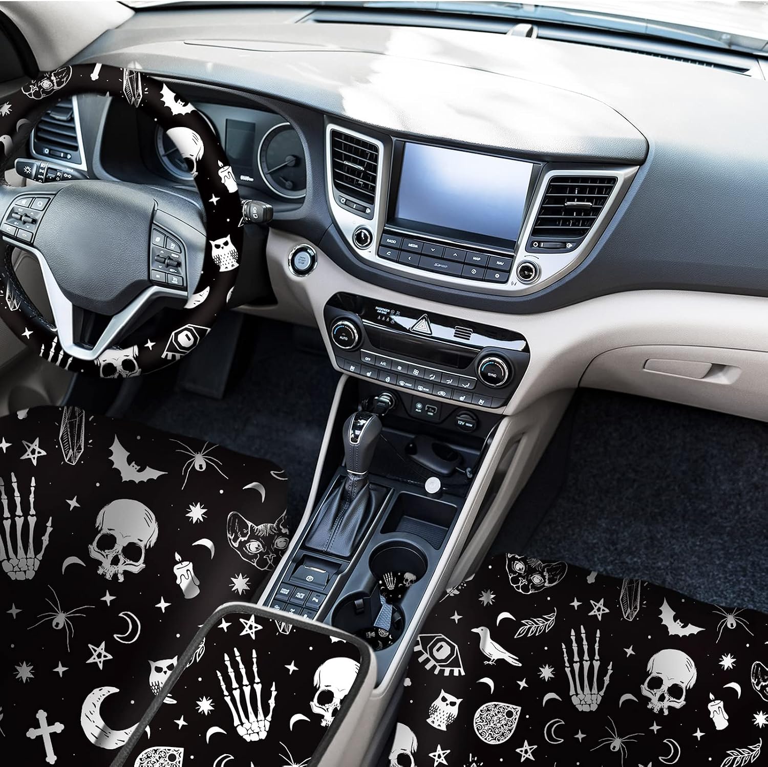 Frienda 10 Pcs Car Seat Covers for Women Accessories Interior Seat Covers with Steering Wheel Cover, Wrist Strap, Car Cup Mats, Armrest Pad, Shoulder Pad, Key Chain