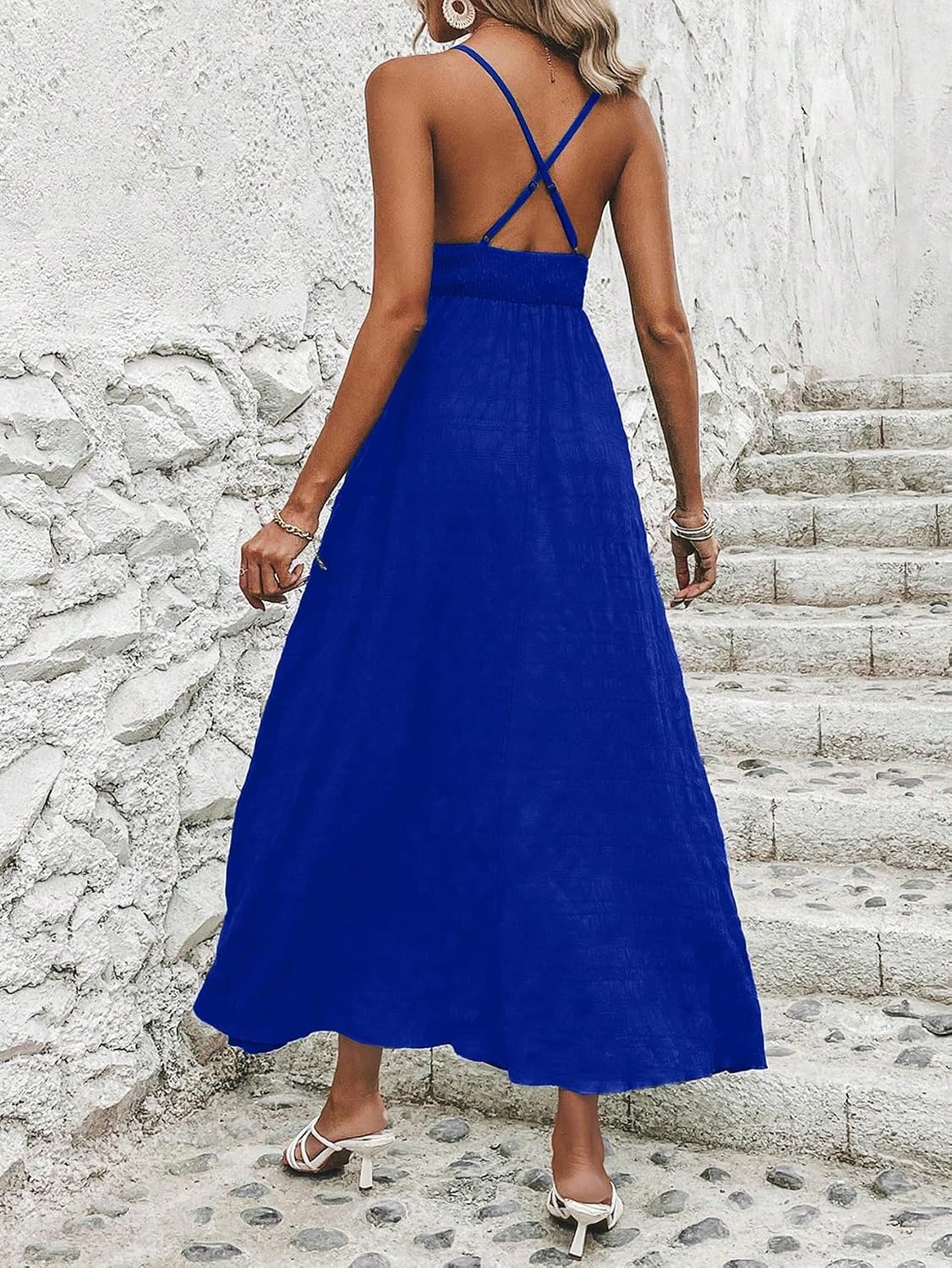 Milumia Women's Summer V Neck Backless Maxi Dress Boho Spaghetti Strap A Line Flowy Beach Long Sundress