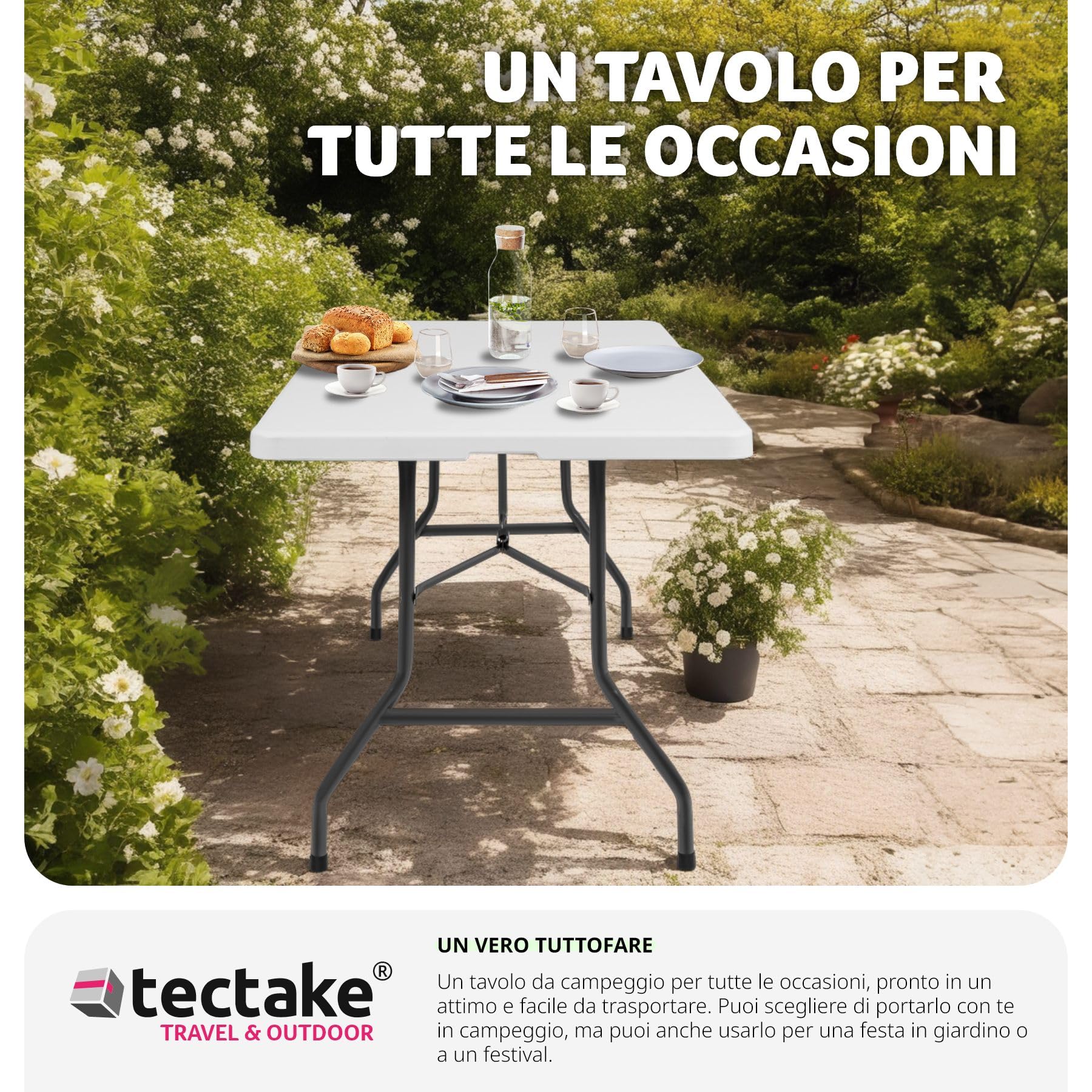 tectake® Tavolo da Campeggio Pieghevole con Maniglia, Tavolo Salvaspazio, Tavolo da Giardino con Base in Acciaio, Tavolino Portatile, Resistente alle Intemperie, 183 x 76 x 74 cm - Bianco