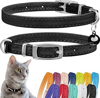 CollarDirect Leather Cat Collar with Safety Clasp, 21.5 cm, Black, Elastic Strap and Bell for Small Cats product image