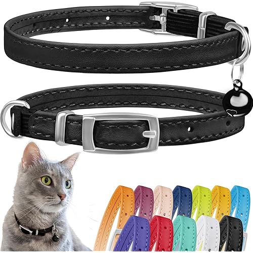 CollarDirect Leather Cat Collar with Bell - Kitten Collar, Small and Big Cat Collar for Boy Cats, Girl Cats with Safety Elastic Strap (Neck Fit 8"-11", Black)