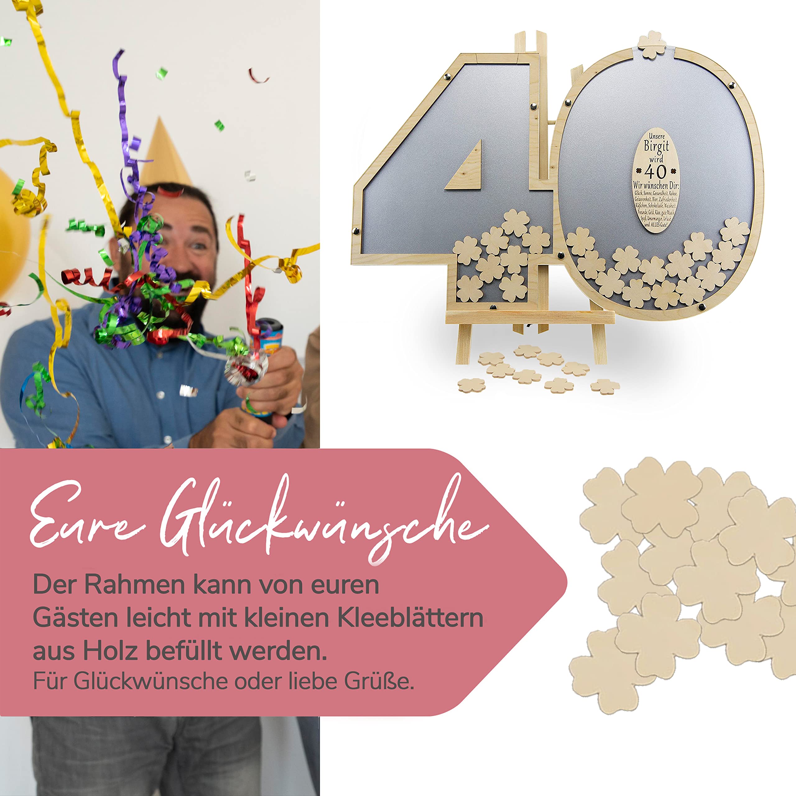 Gästebuch personalisierbar mit Holzzahlen 40 | 40x60cm in Grau | Holz Kleeblätter zum Beschriften - Geburtstag Geschenk für Frau & Mann - 40. Geburtstag | Made in Germany