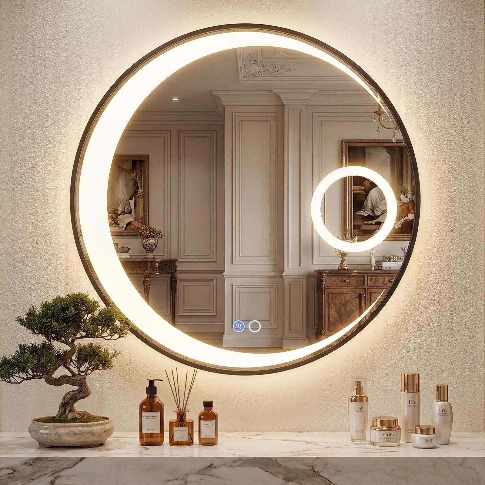 COSTWAY Specchio Bagno con Luce LED da 61 cm, Specchio Rotondo da Parete con Lente d'Ingrandimento 3X, Antiappannamento, 3 Colori Luce, 3000K-6500K, Luminosità Regolabile, IP44