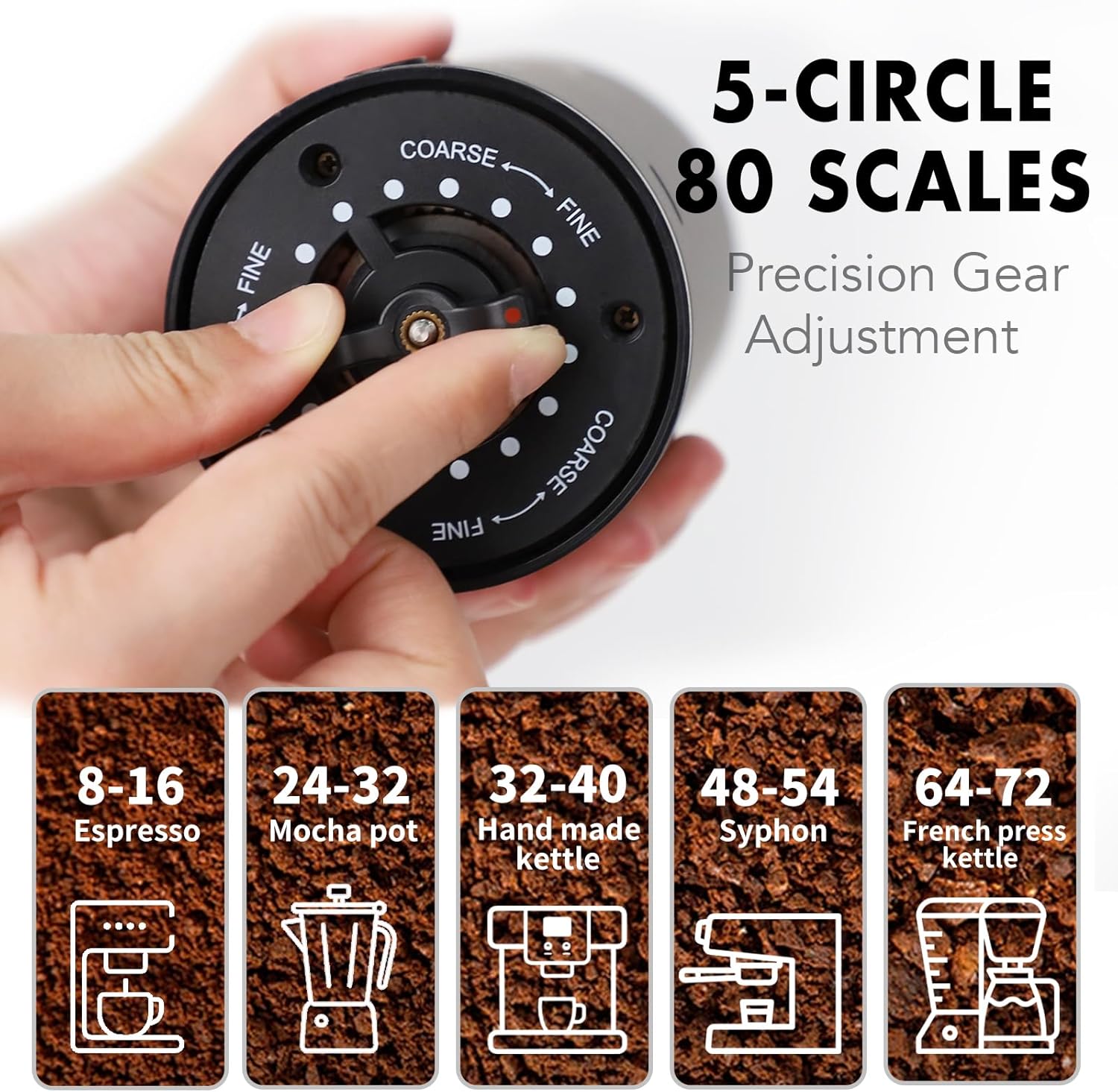Electric Burr Coffee Grinder, Small 80 Precise Settings Rechargeable USB Cordless - Conical Stainless Steel Grinder for Espresso, Drip, French Press, Portable for Travel & Home Use