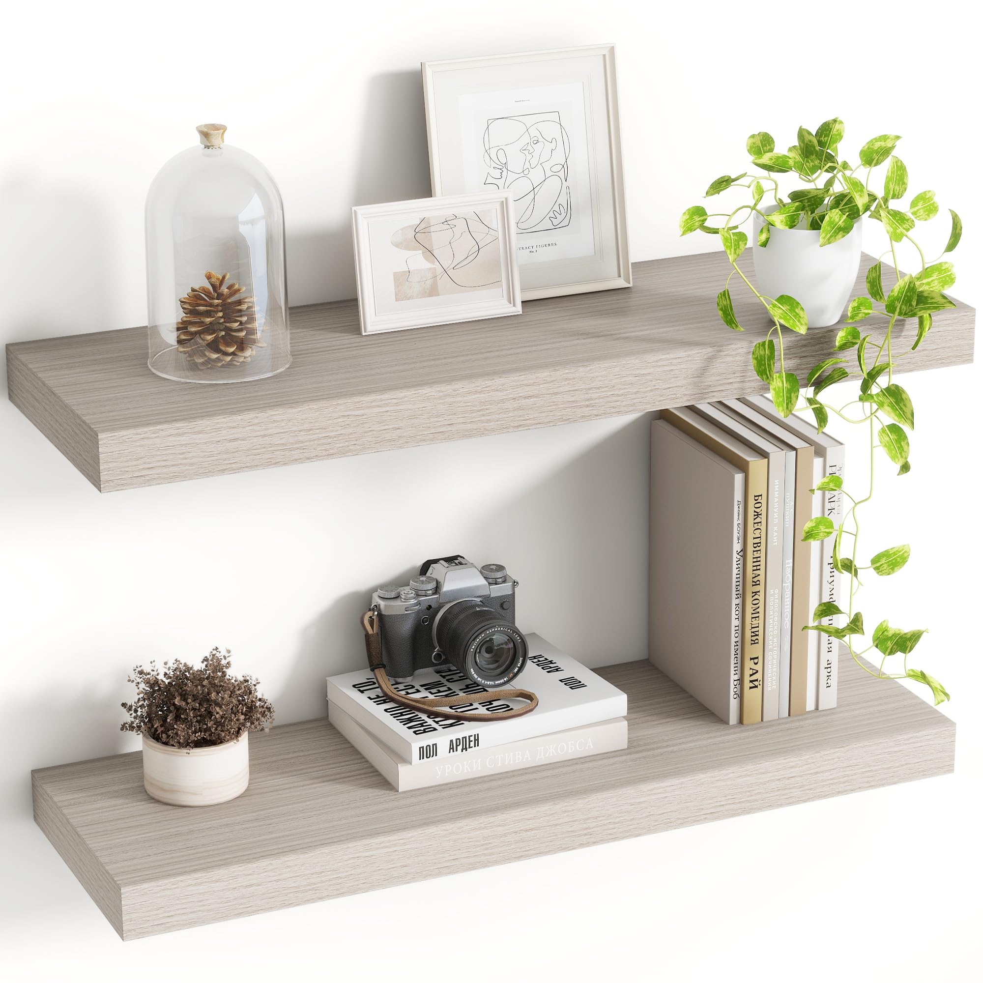 Acovy Floating Shelves for Wall, Extra Deep 60cm Long Wooden Wall Mounted Shelf, Wall Shelves for Living Room Bathroom Bedroom Kitchen, Grey, Set of 2