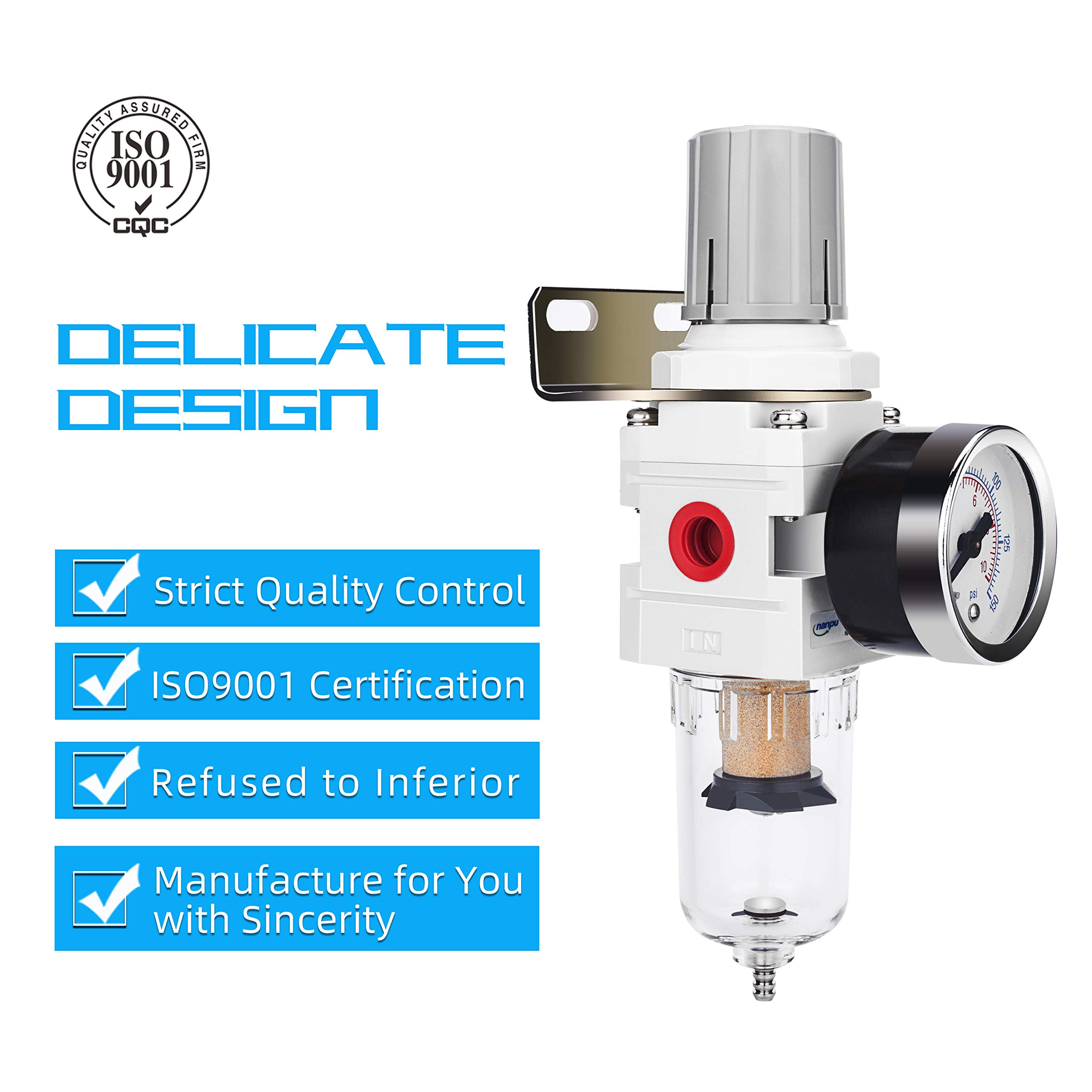 NANPU 1/4" BSP Filtro Regulador de Aire, Separador de Agua y Reductor de Presión, Elemento de Latón de 5 μm, Recipiente de Polietileno, Drenaje Semiautomático, Soporte de Metal, Manómetro de 0-10 Bar