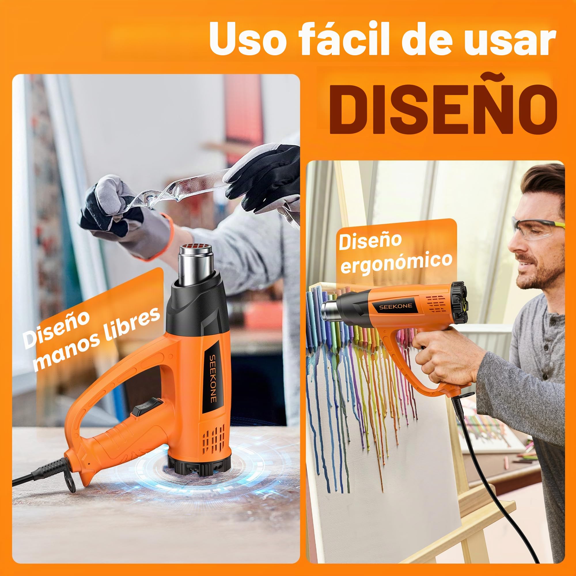 SEEKONE 2000W Pistola de Calor, 60℃-600℃ Pistola de Aire Caliente de Temperatura Variable, Kit Decapador con 7 Accesorios, Núcleo de Cerámica para Soldar, Quitar Pintura y Calentar