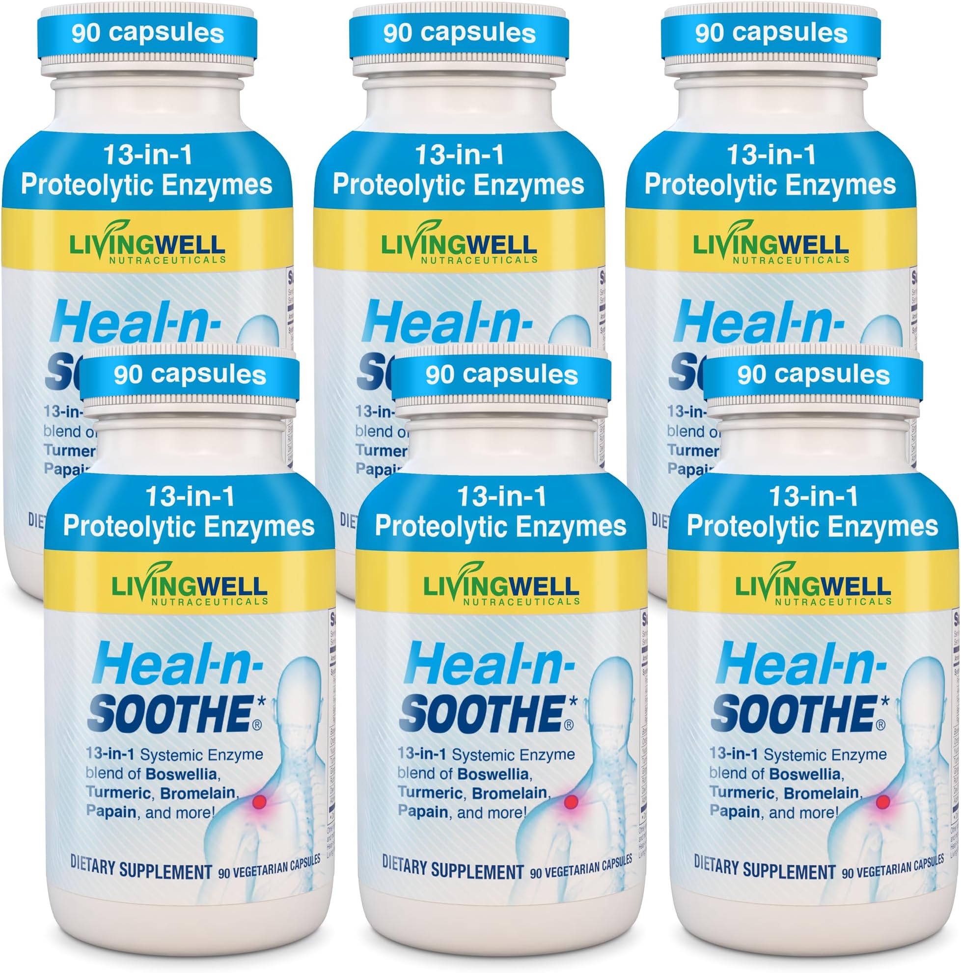 HEAL-N-SOOTHE Proteolytic Systemic Enzymes – Joint Supplement with Bromelain, Papain, Boswellia – Joint Mobility, Muscle Flexibility, Protein Digestion, Circulatory & Immune Health - 90 Count (6 Pack)