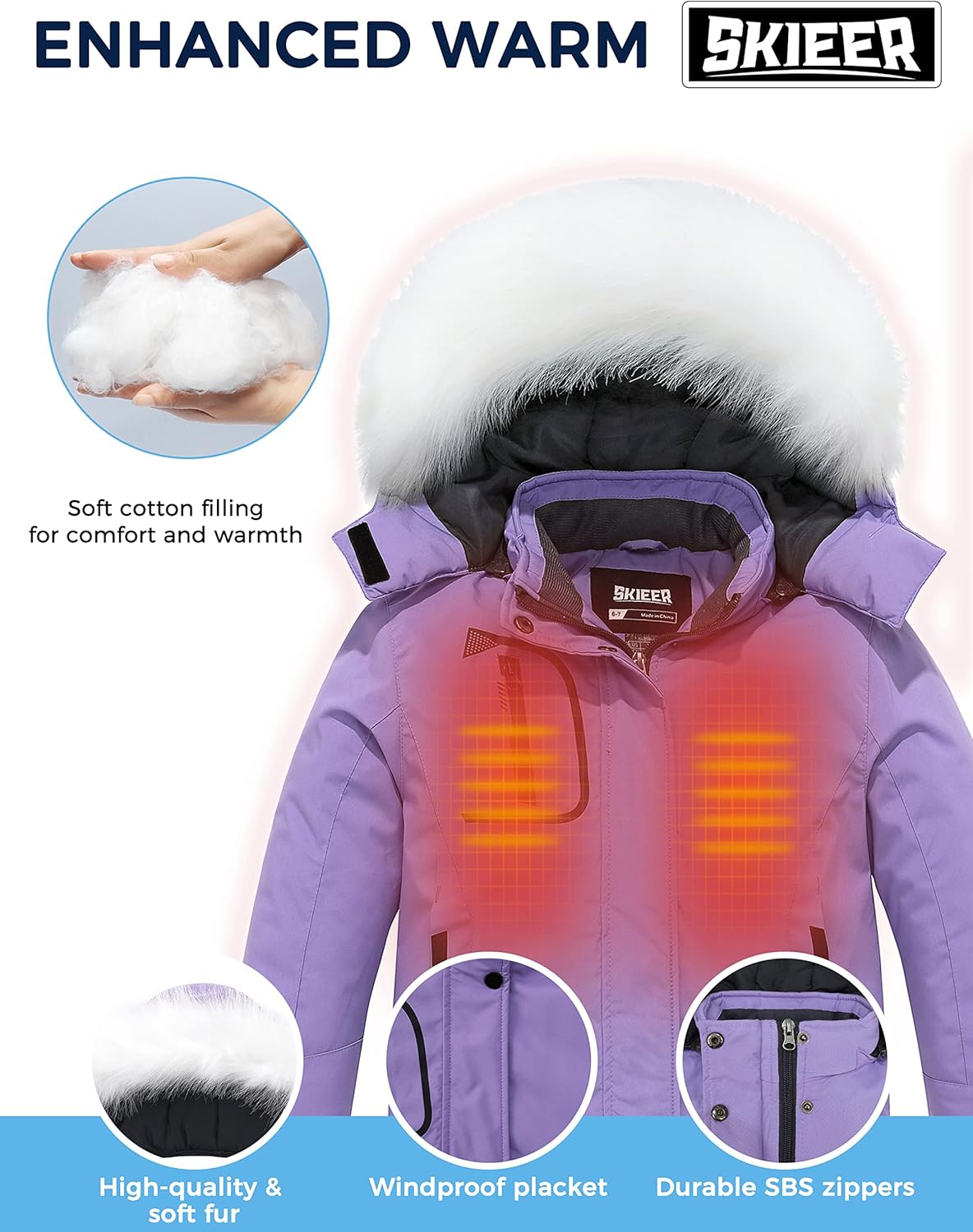 Skieer Girl's Waterproof Ski Jacket Windproof Winter Jacket Hooded Rain Coat - Image 4