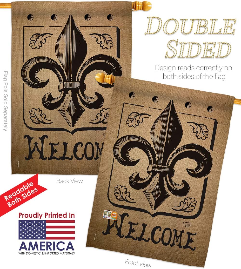 Welcome Fleur De Lys House Flag Country Living Vintage Flower Lily Lis French Party Mardi Small Decorative Gift Yard Banner Double-Sided Made In USA 28 X 40
