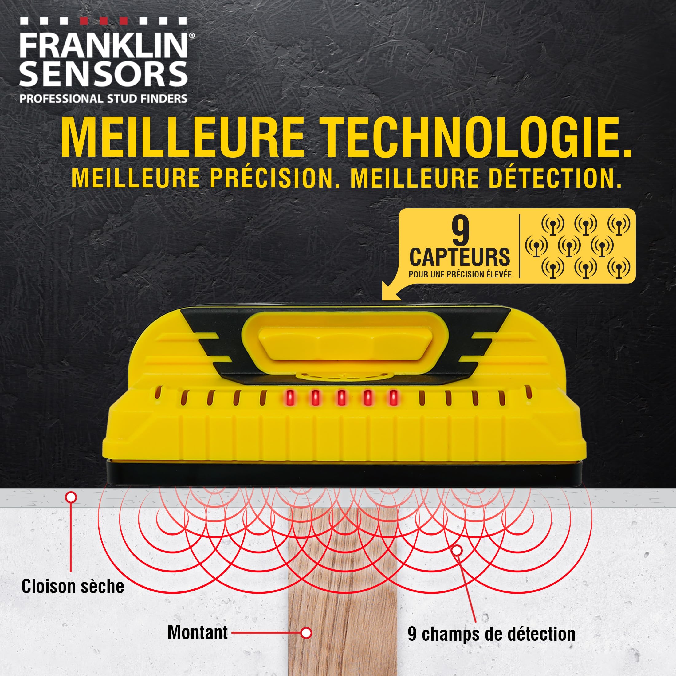 Franklin Sensors ProSensor M155/M150 Détecteur de Montants Professionnel 9 capteurs Précision Maximale Détecte Clous Bois Métal Jaune