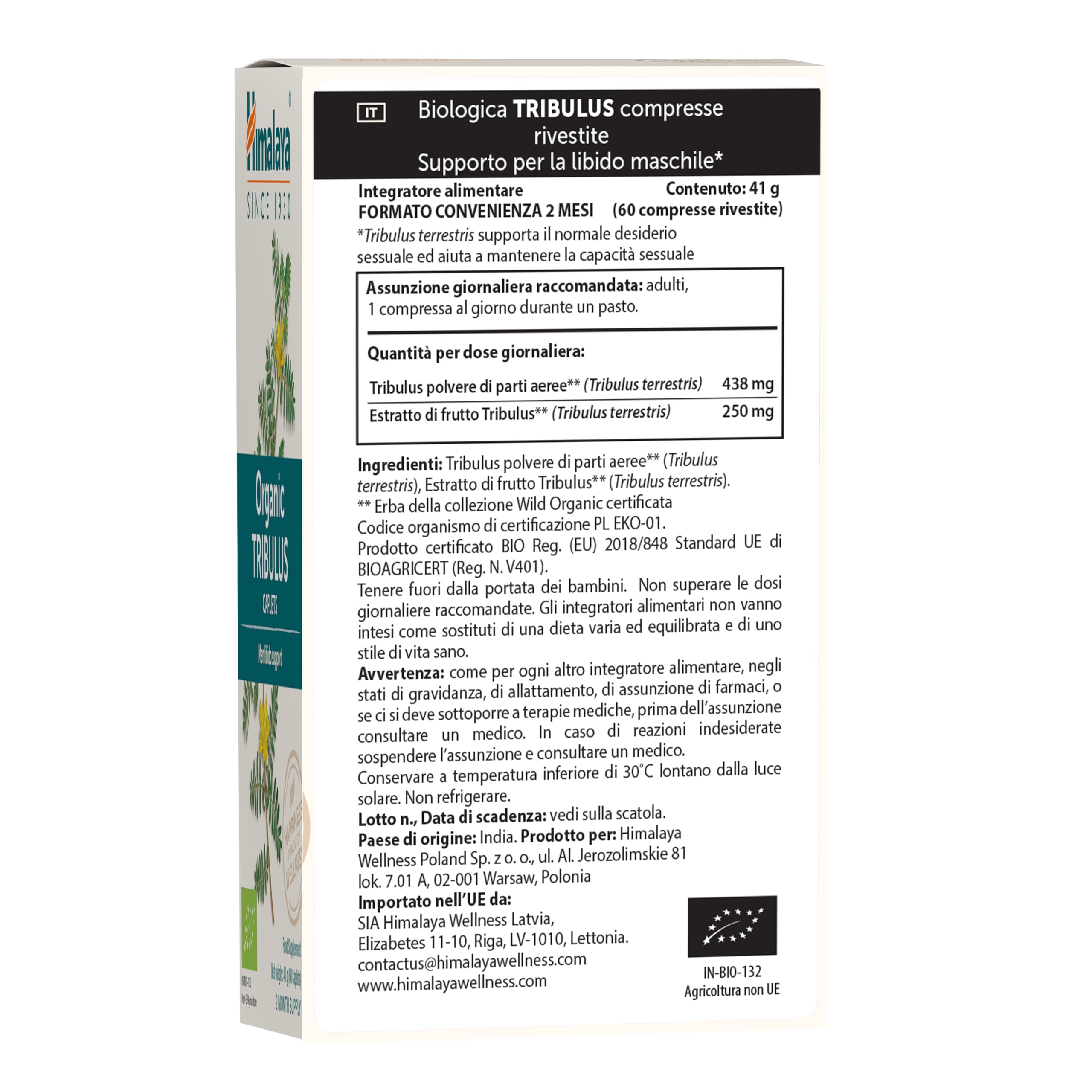 Himalaya Tribulus organico (Gokshura) per la salute maschile, libido, supporto urinario, resistenza, energia, 688 mg, fornitura per 2 mesi, 60 capsule