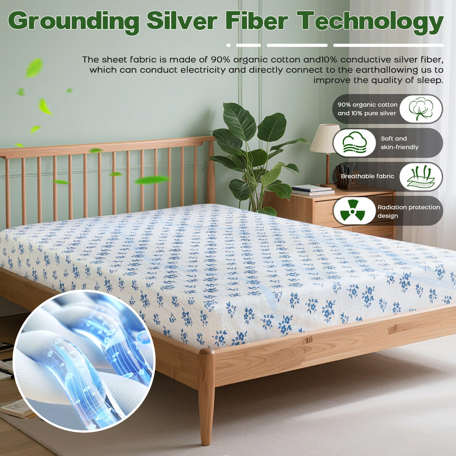 Lenzuolo di messa a terra conduttivo con 10% fibra d'argento e 90% cotone biologico, Connessione a Terra con Cavo e Adattatore per Sonno Migliore Recupero Energetico (200x200cm)
