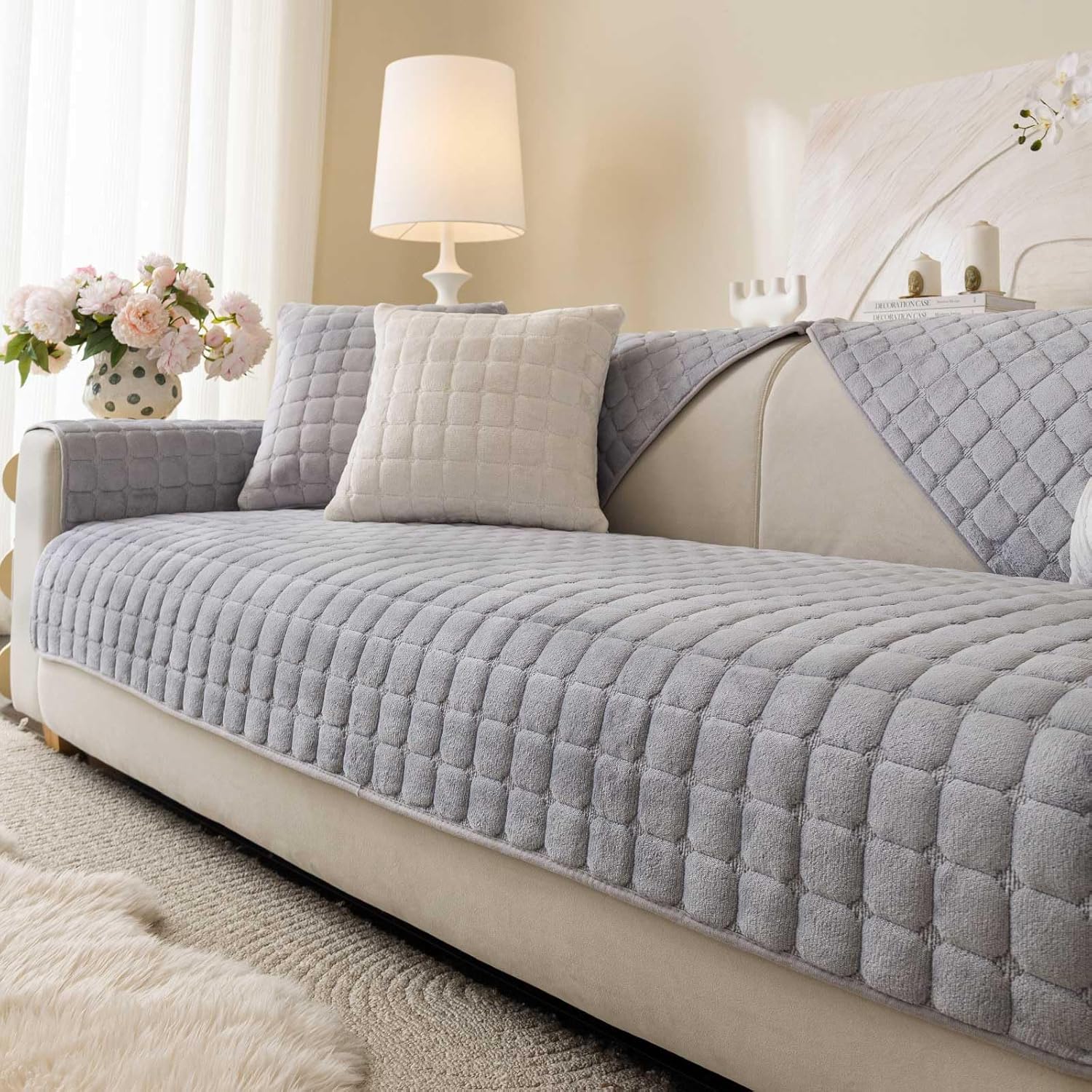 Velvet Washable Couch Cover for Pets Dogs, Non Slip Sectional Sofa Covers for 3 Cushion Couch Sofa L Sharped Sofa Slipcovers, Furniture Protector (1 PCS 36"x82", Light Grey) 1pc/36"x82"/Seat Cover Light Grey