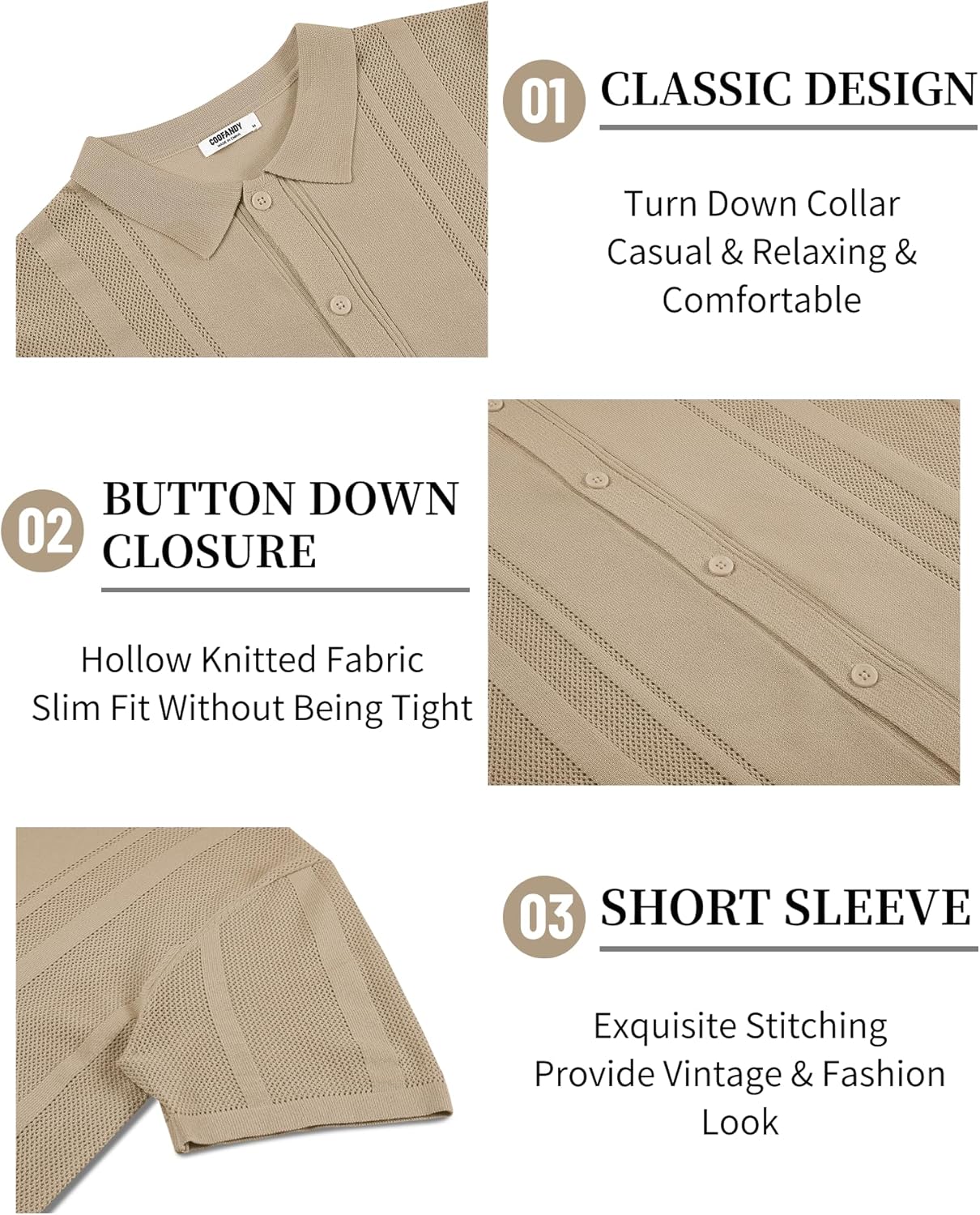COOFANDY Men's Knit Shirts Short Sleeve Button Down Polo Shirt Vintage Casual Beach Shirt Summer Tops - Image 5