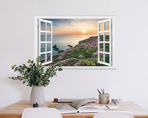 Miniatura 6 de FLFK Adhesivo de pared falso para ventana, atardecer sobre el mar, mural de pared para decoración de pared, calcomanías de pared para pegar y