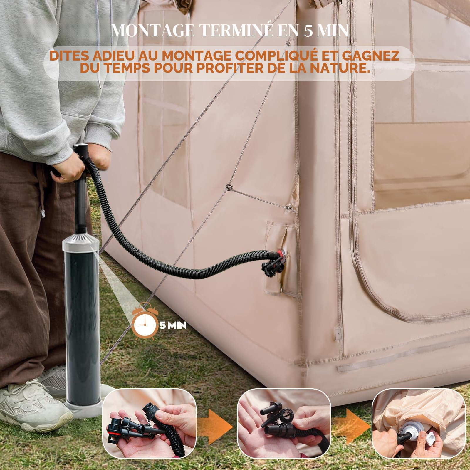 Tente de camping gonflable avec ouverture de cheminée et fenêtre de toit, tente d'extérieur pour 2 à 10 personnes, avec pompe à air, en tissu Oxford imperméable, pour 4 saisons, montage rapide