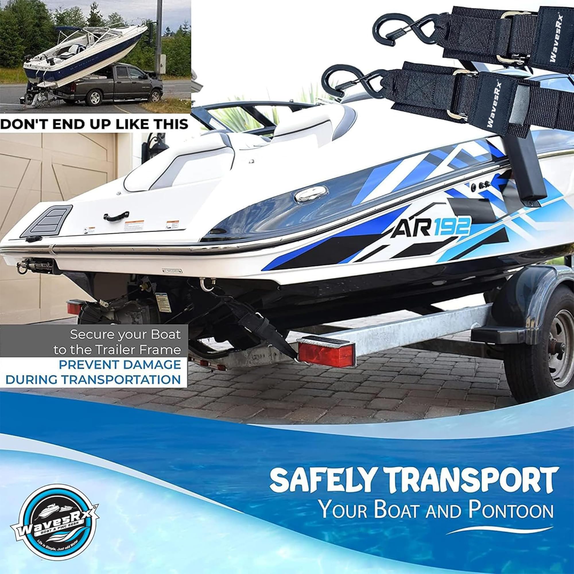 WavesRx Premium Boat & Jet Ski Trailer Transom Straps - Marine Tie Downs - Adjustable Via Quick Release Buckle (2"x48" (2PK))