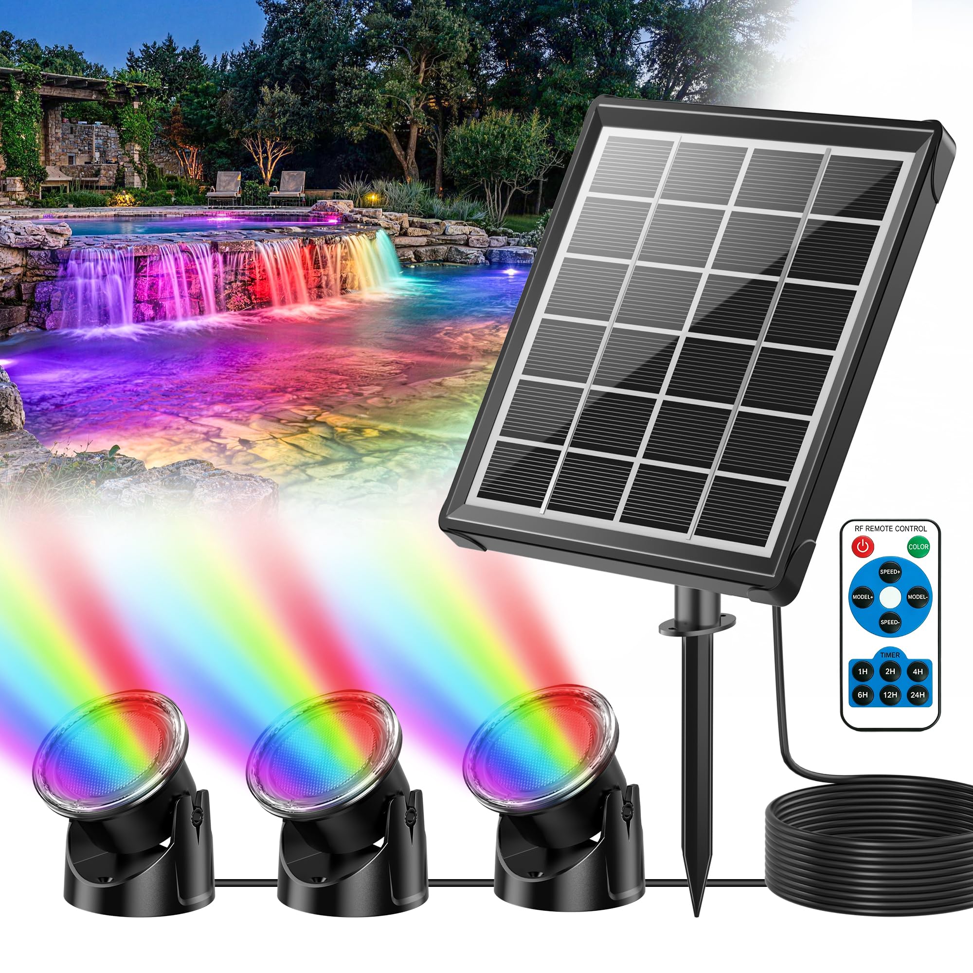 POPOSOAP Lampes solaires de bassin 4 W avec télécommande, lampes solaires sous-marines RVB multicolores avec minuterie et fonction mémoire pour étang, fontaine, piscine, jardin, aquarium (3 lampes
