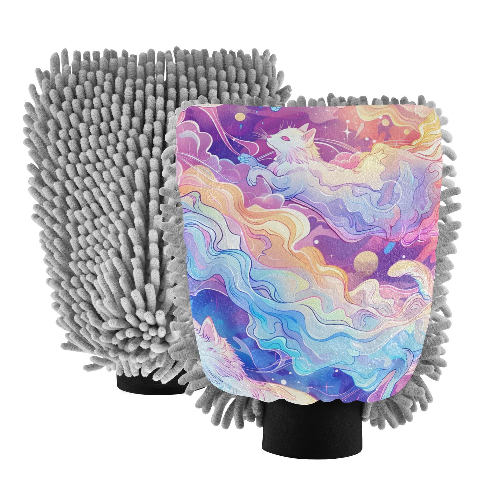 IOACIY Absorbent Microfiber Car Wash Drying Mitts, 2 Pack, Scratch-Free & Lint-Free, Rich Foam, Highly Absorbent, Double Sided, Wash Mitt Perfect for Car Washing, L, Cat (31)