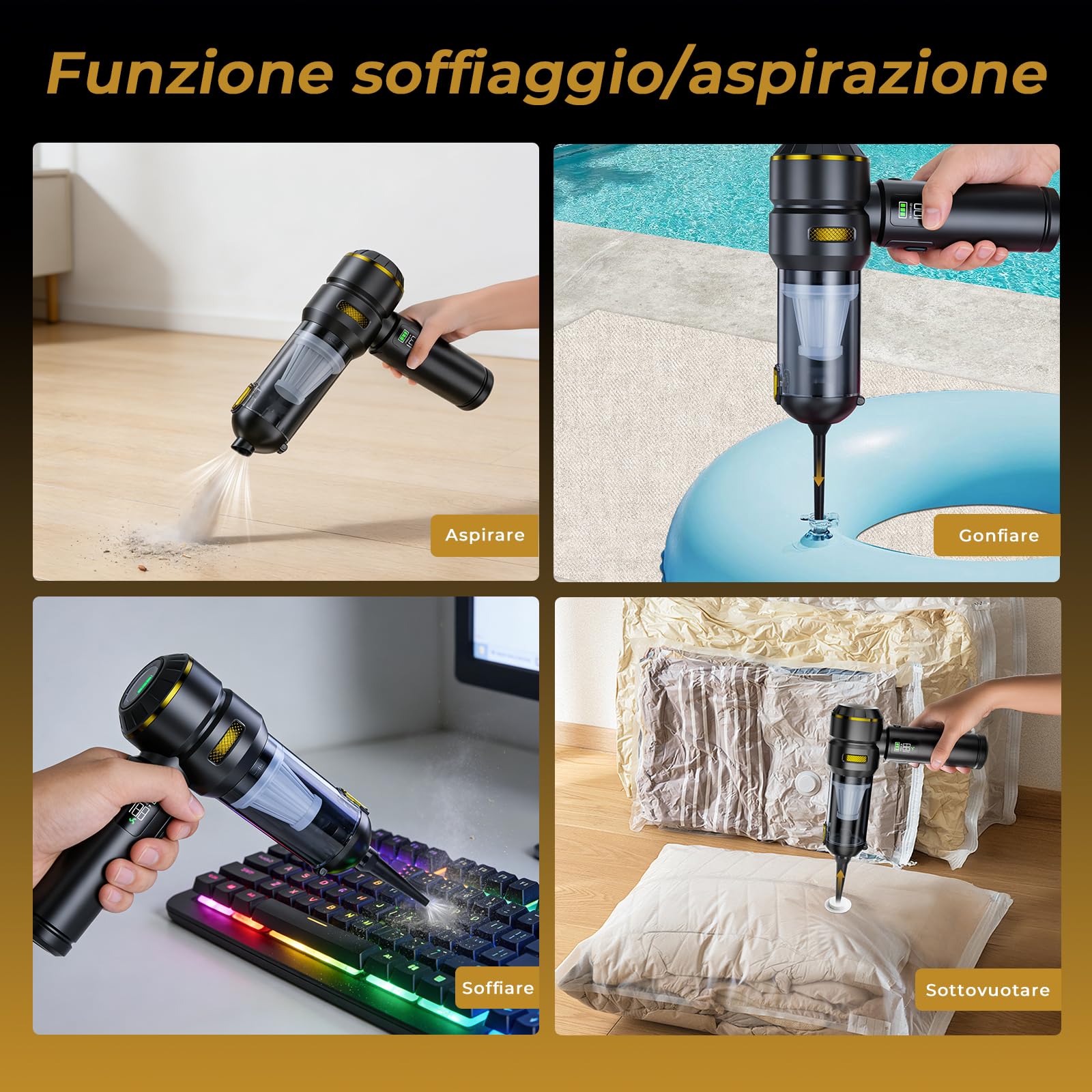HOVIN Aspirabriciole Senza Fili, 24000Pa Aspirapolvere Auto Portatile, Aspiratore e Soffiatore con Motore Brushless, per la cucina, l’automobile, la casa, i peli di animali (Nero e oro)