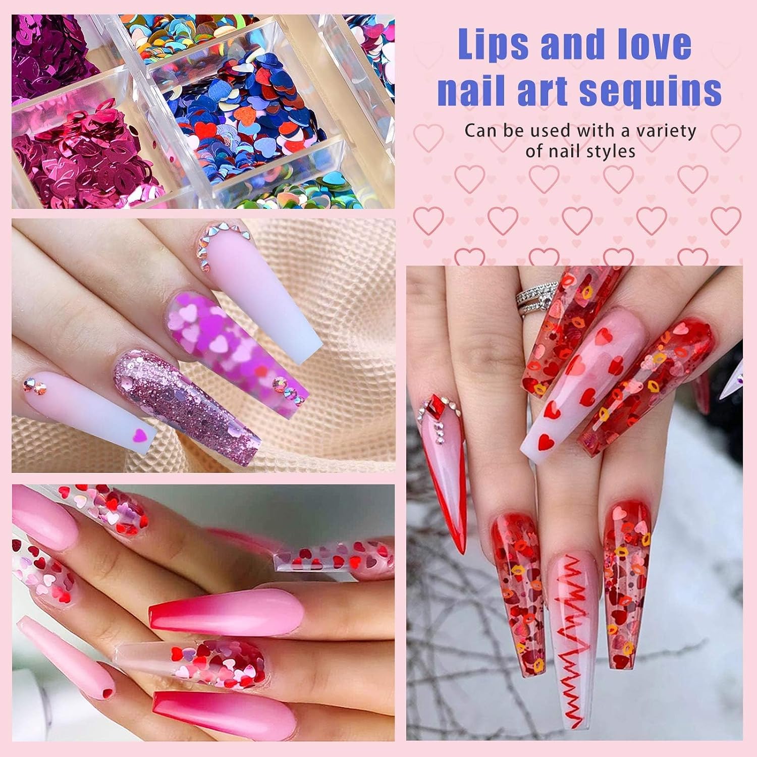 Kalolary 48 Grids Heart Nail Sequins 3D Holographic Lips Nail Art Glitter